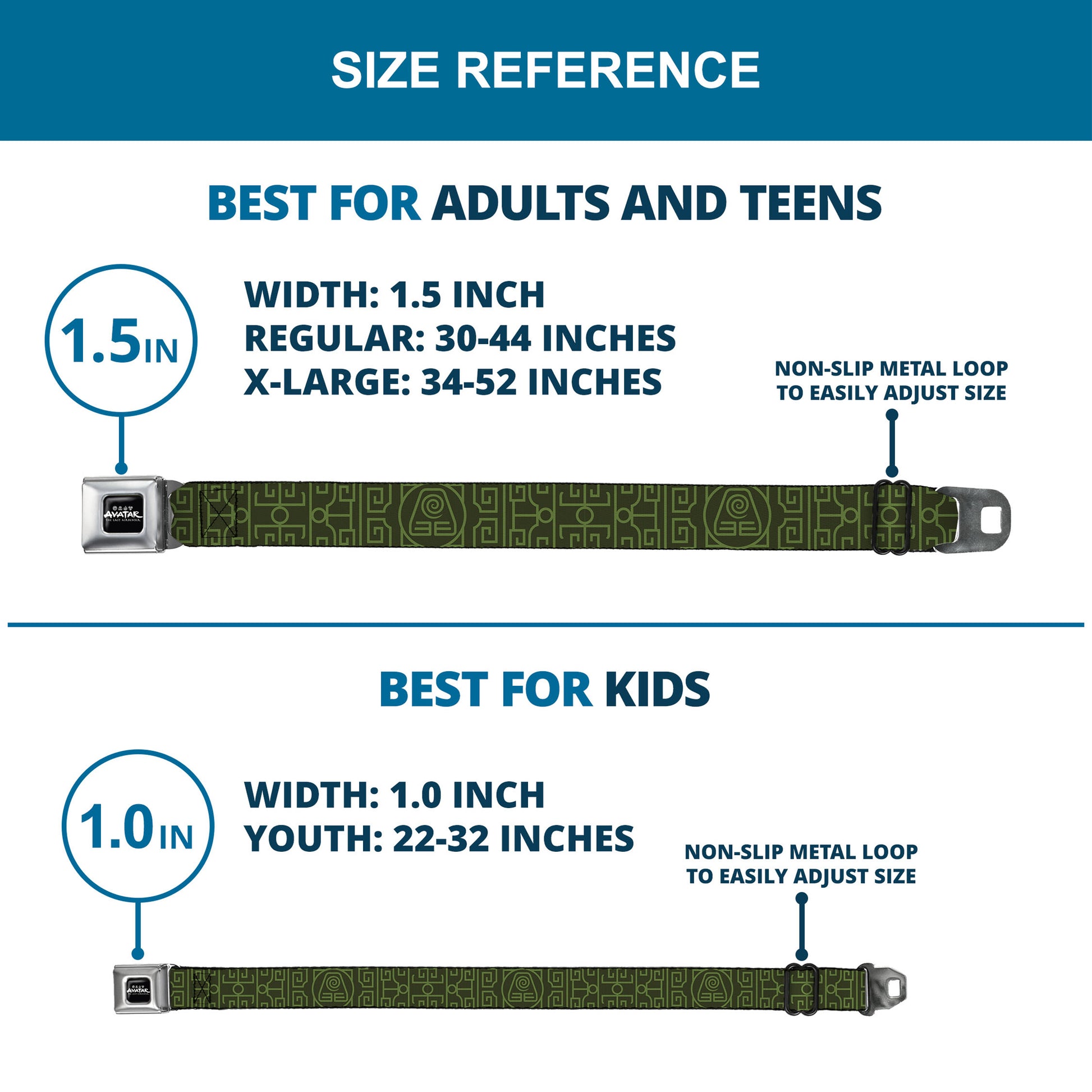 AVATAR LAST AIRBENDER Title Logo Full Color Black/White Seatbelt Belt - Avatar Last Airbender Earth Element Symbol Black/Olive Green Webbing Seatbelt Belts Avatar The Last Airbender