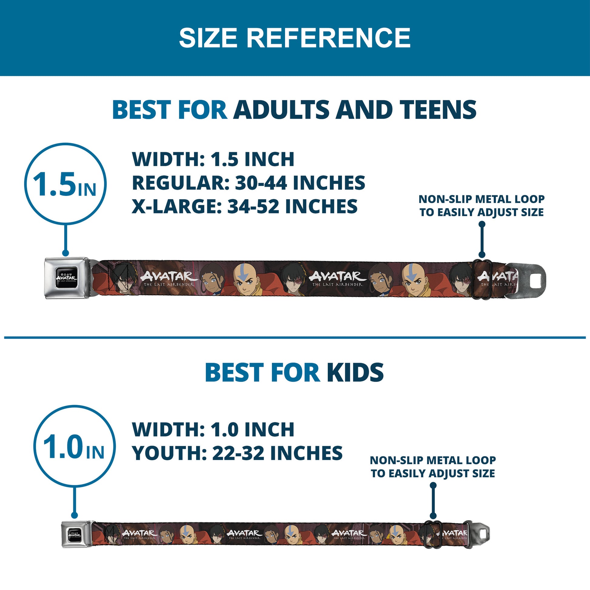 AVATAR LAST AIRBENDER Title Logo Full Color Black/White Seatbelt Belt - AVATAR THE LAST AIRBENDER Katara Aang Zuko Group Pose Webbing Seatbelt Belts Avatar The Last Airbender