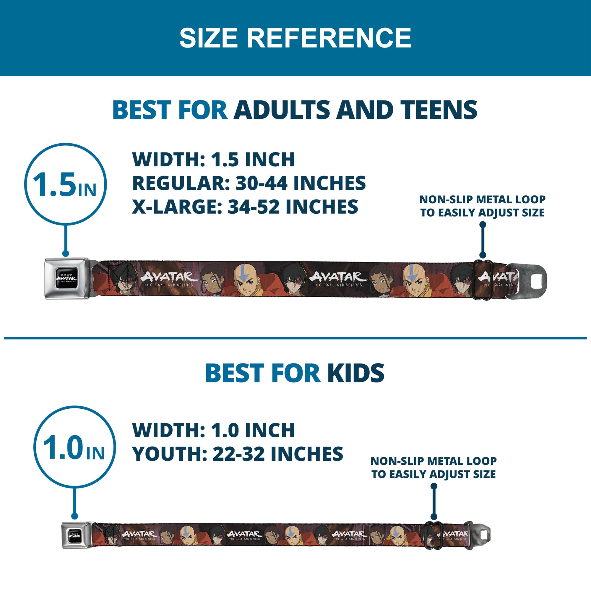 AVATAR LAST AIRBENDER Title Logo Full Color Black/White Seatbelt Belt - AVATAR THE LAST AIRBENDER Katara Aang Zuko Group Pose Webbing Seatbelt Belts Avatar The Last Airbender