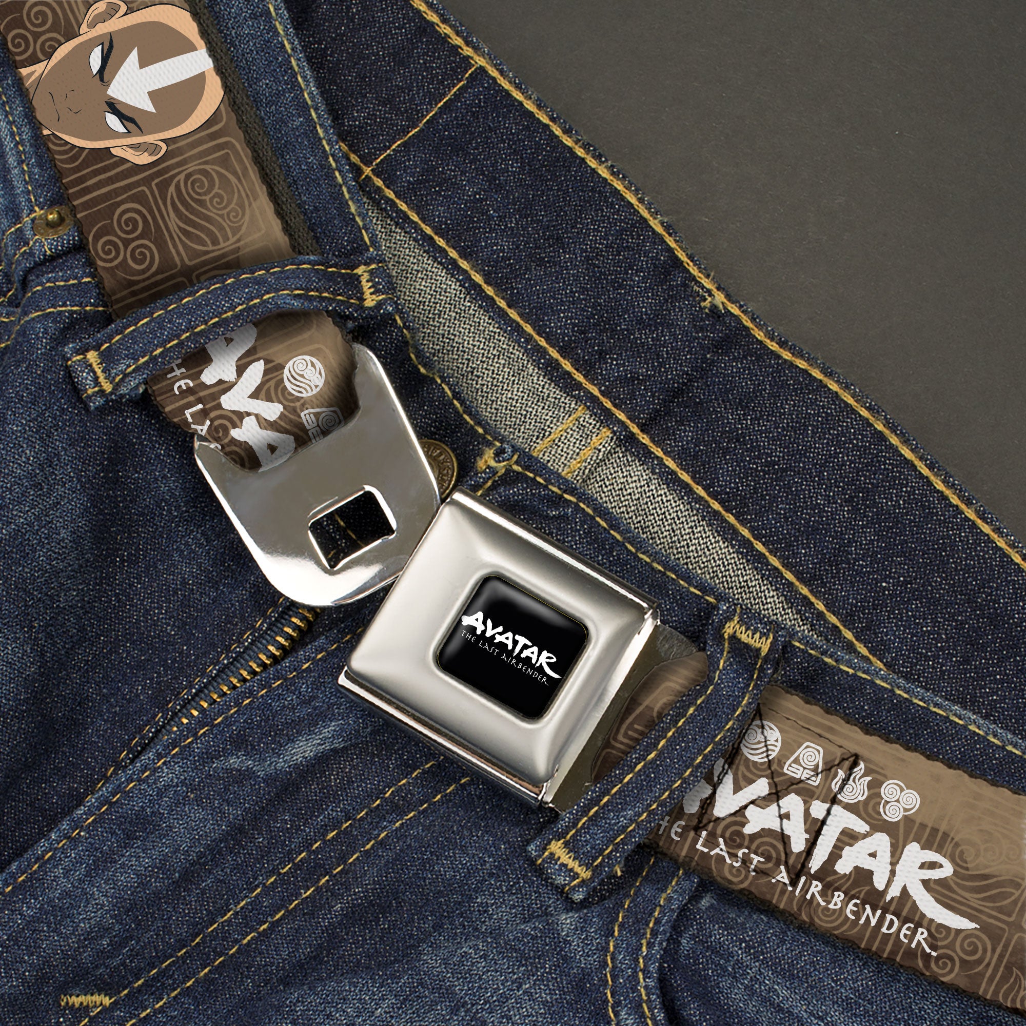 Avatar the Last Airbender Aang Face Close-Up Full Color Seatbelt Belt - AVATAR THE LAST AIRBENDER Aang Face Close-Up and Title Logo Tans/White Webbing Seatbelt Belts Avatar The Last Airbender