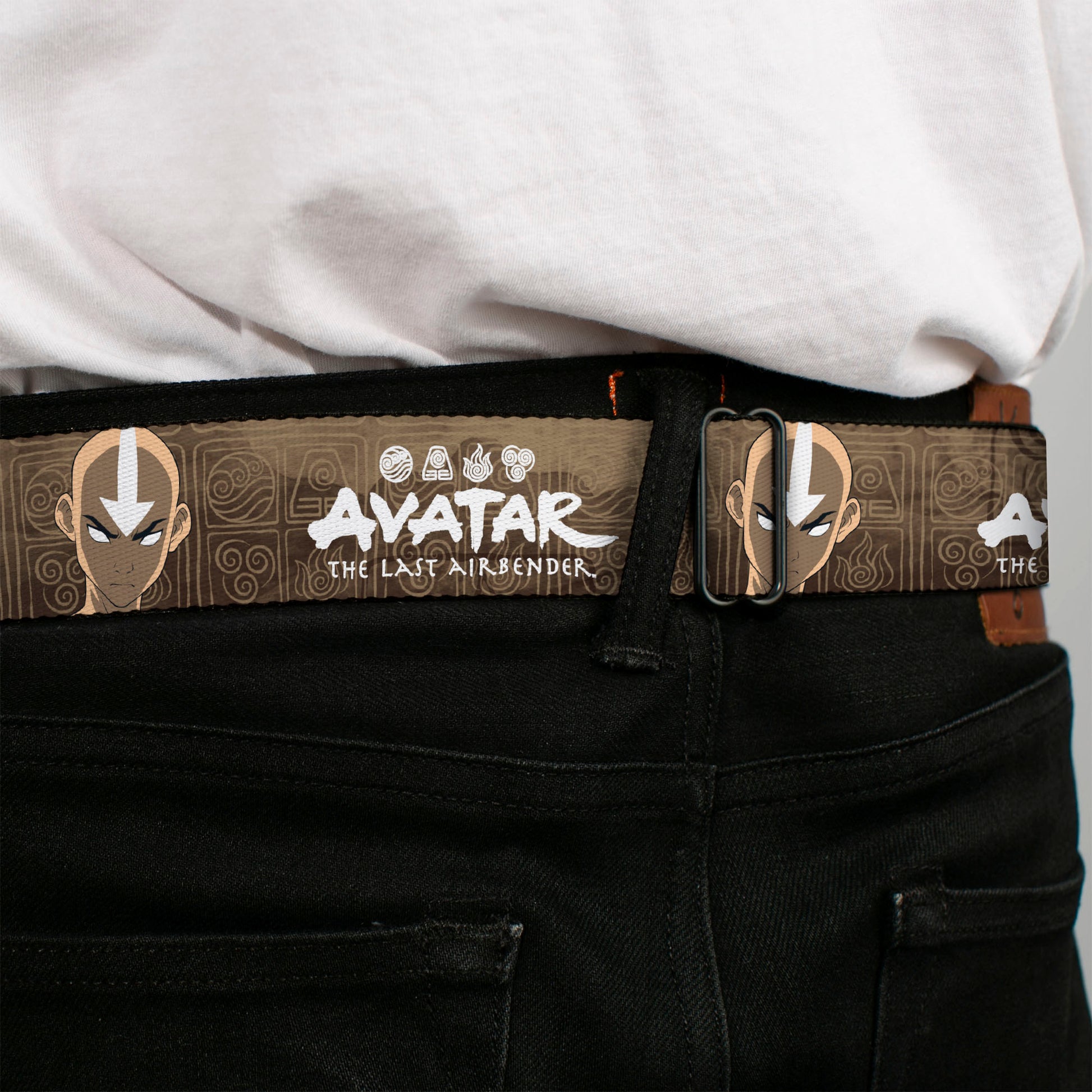 Avatar the Last Airbender Aang Face Close-Up Full Color Seatbelt Belt - AVATAR THE LAST AIRBENDER Aang Face Close-Up and Title Logo Tans/White Webbing Seatbelt Belts Avatar The Last Airbender