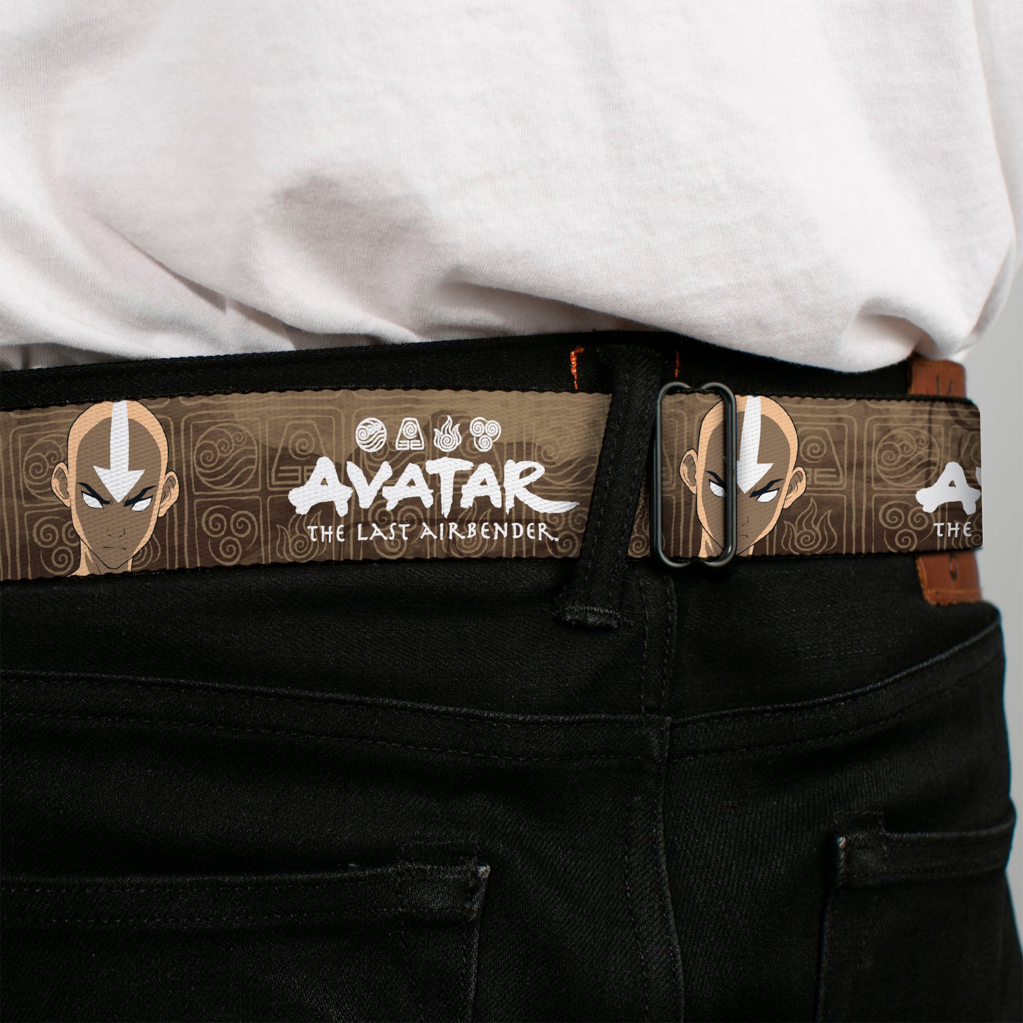 Avatar the Last Airbender Aang Face Close-Up Full Color Seatbelt Belt - AVATAR THE LAST AIRBENDER Aang Face Close-Up and Title Logo Tans/White Webbing Seatbelt Belts Avatar The Last Airbender