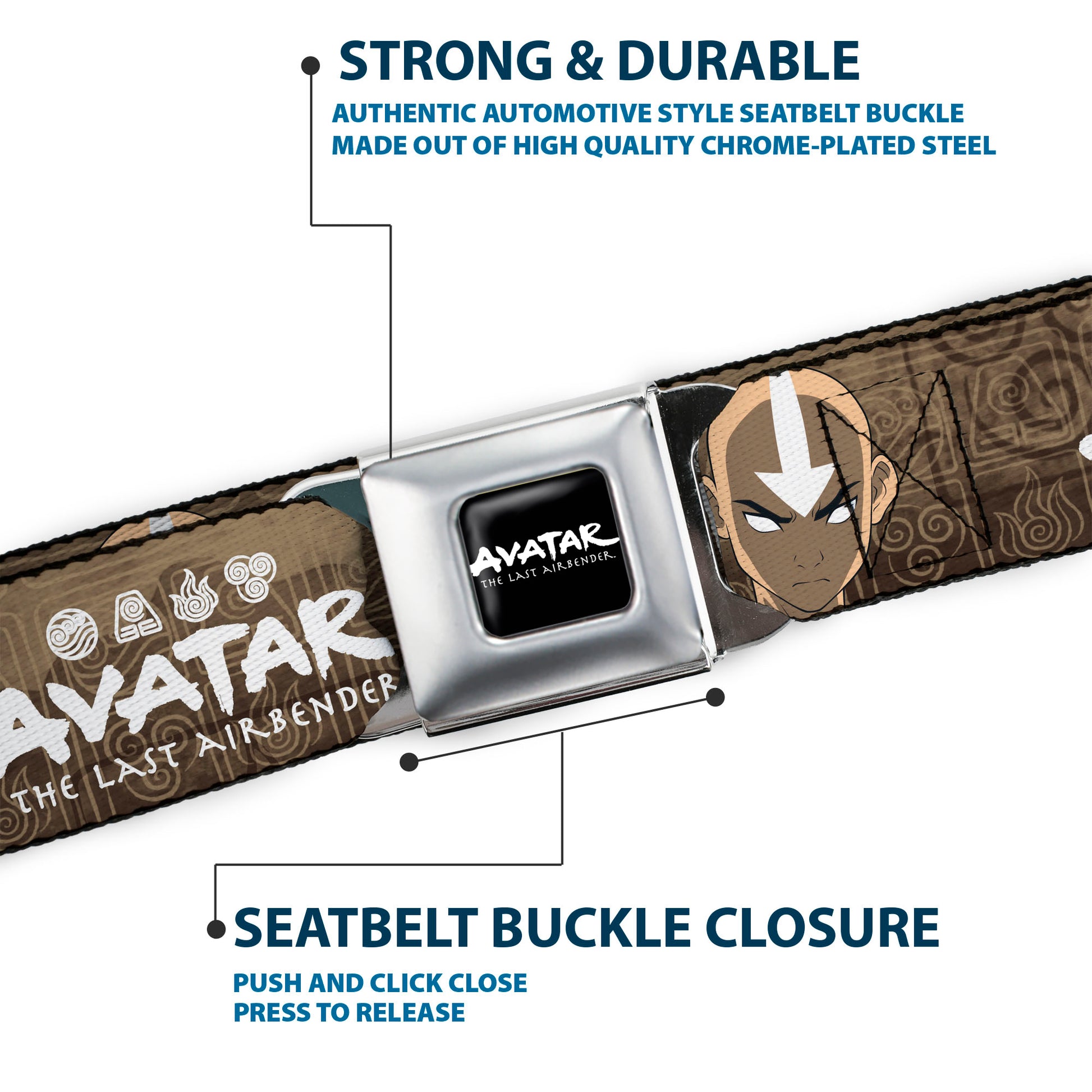 Avatar the Last Airbender Aang Face Close-Up Full Color Seatbelt Belt - AVATAR THE LAST AIRBENDER Aang Face Close-Up and Title Logo Tans/White Webbing Seatbelt Belts Avatar The Last Airbender