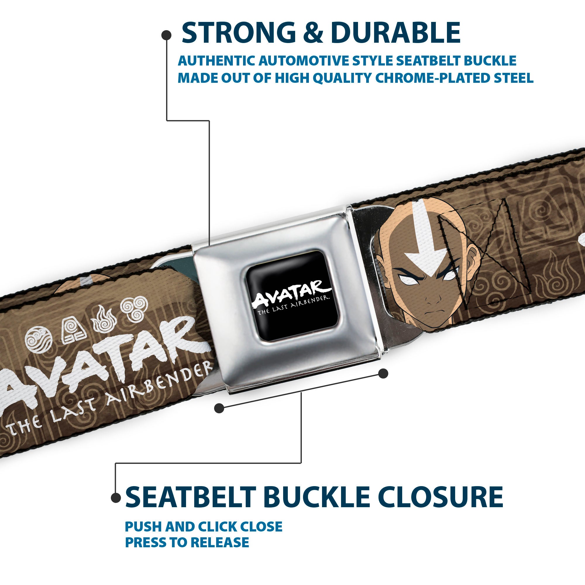 Avatar the Last Airbender Aang Face Close-Up Full Color Seatbelt Belt - AVATAR THE LAST AIRBENDER Aang Face Close-Up and Title Logo Tans/White Webbing Seatbelt Belts Avatar The Last Airbender