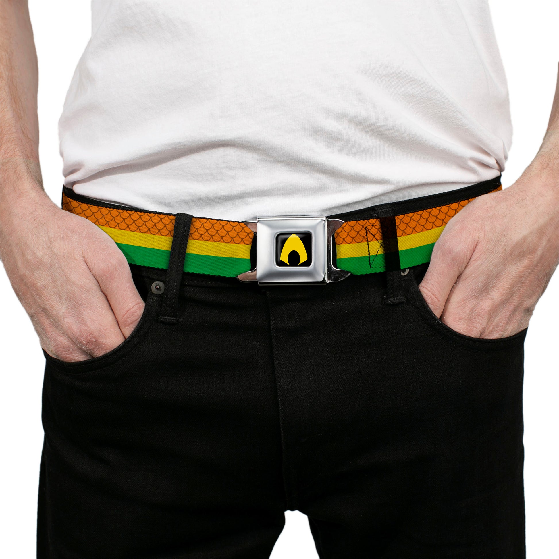 Aquaman Logo Full Color Black Yellow Seatbelt Belt - Aquaman Rasta Webbing Seatbelt Belts DC Comics