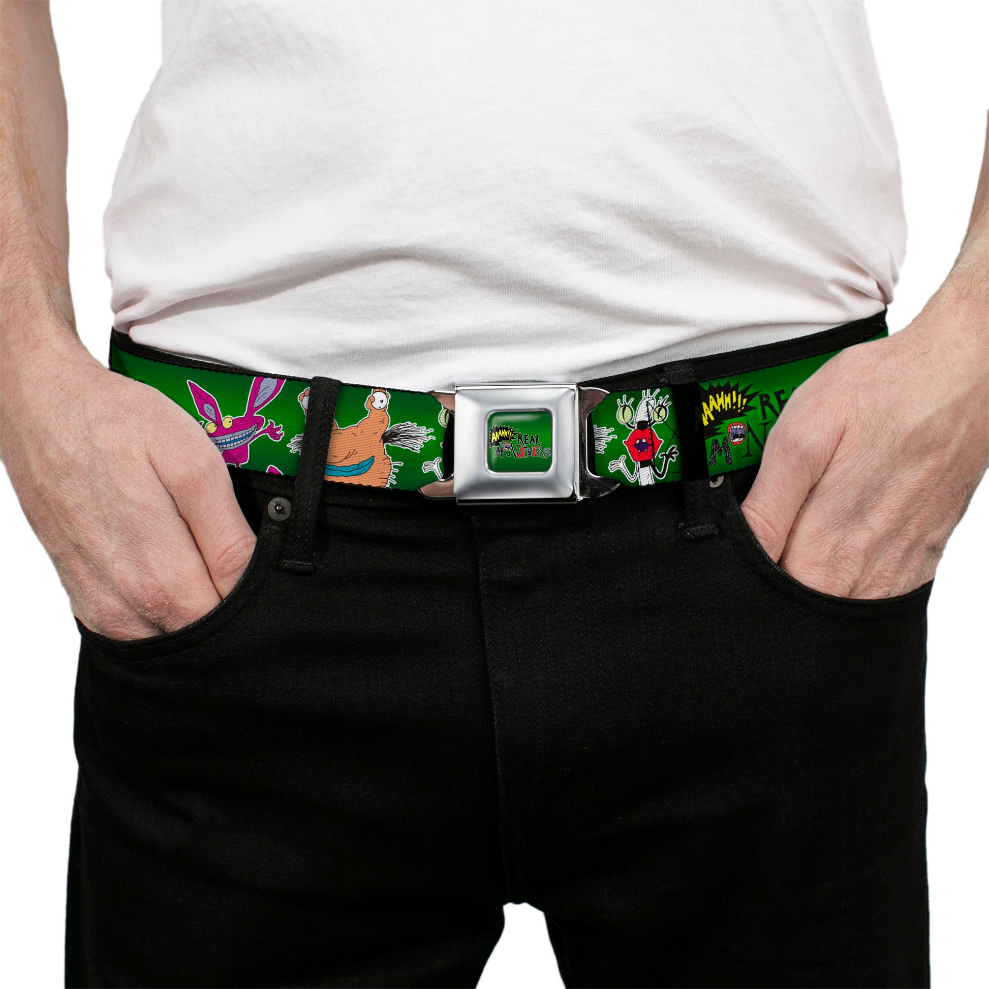 AAAHH!!! REAL MONSTERS Logo Full Color Green Seatbelt Belt - AAAHH!!! REAL MONSTERS Ickis/Krumm/Oblina Pose Green Webbing Seatbelt Belts AAAHH!!! REAL MONSTERS