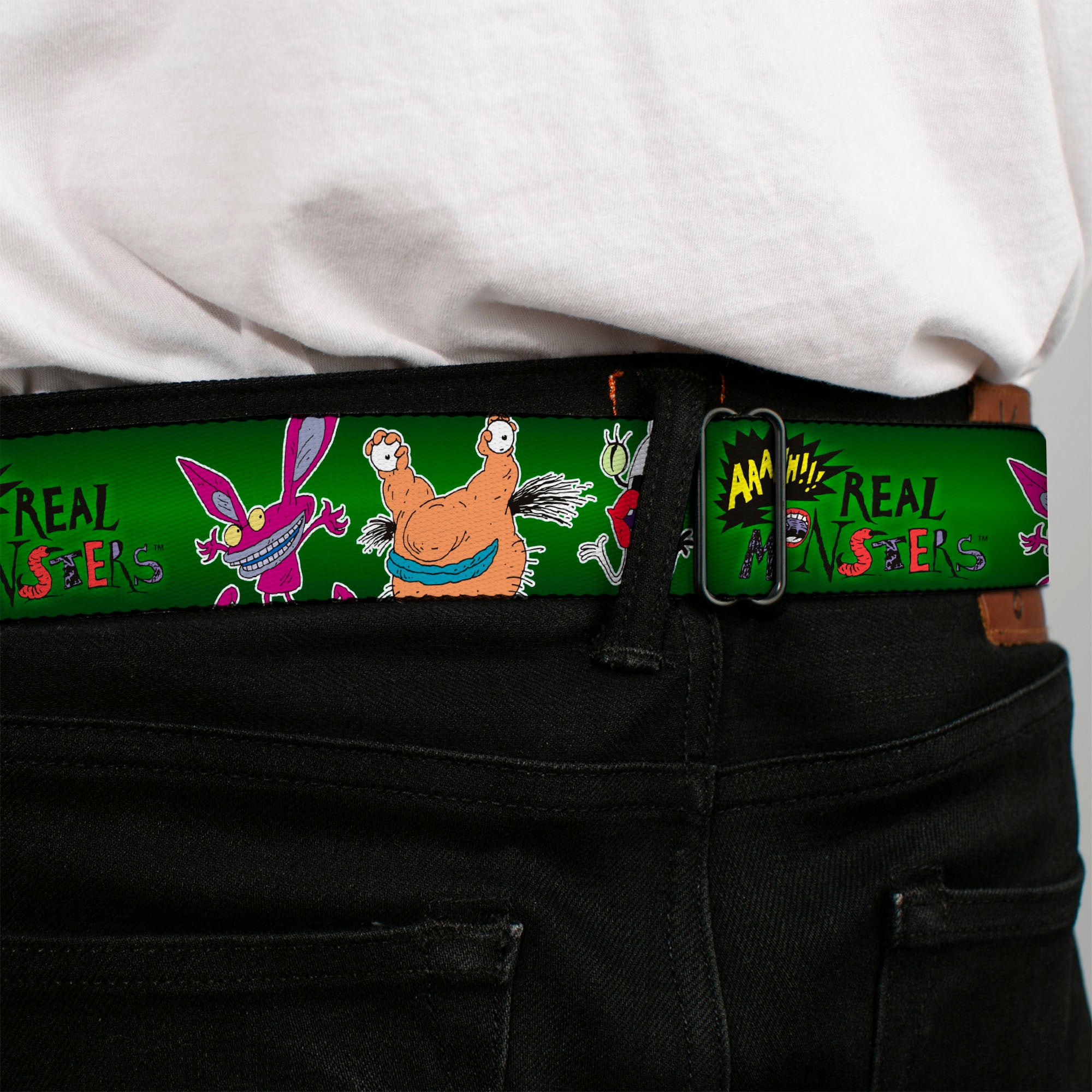 AAAHH!!! REAL MONSTERS Logo Full Color Green Seatbelt Belt - AAAHH!!! REAL MONSTERS Ickis/Krumm/Oblina Pose Green Webbing Seatbelt Belts AAAHH!!! REAL MONSTERS