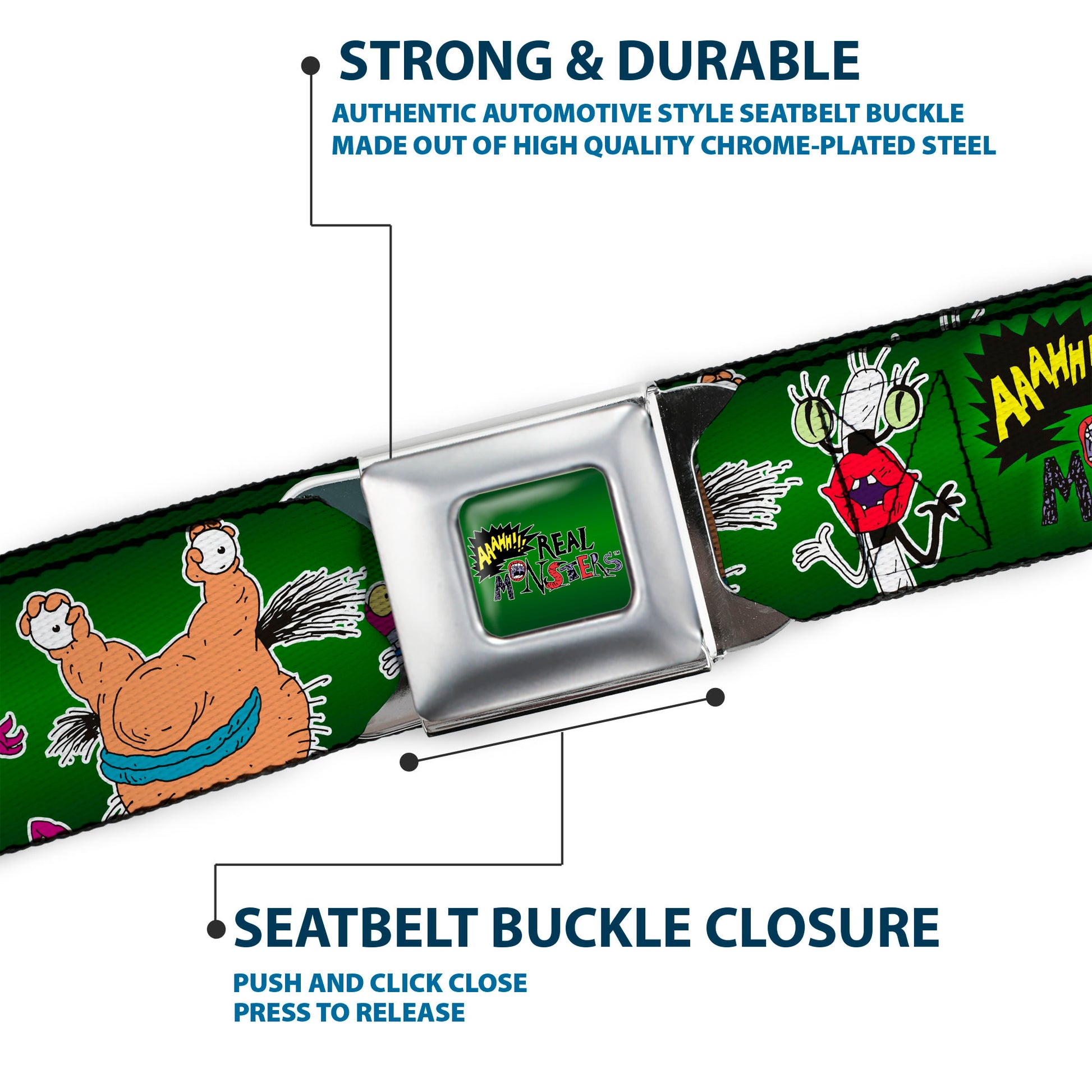 AAAHH!!! REAL MONSTERS Logo Full Color Green Seatbelt Belt - AAAHH!!! REAL MONSTERS Ickis/Krumm/Oblina Pose Green Webbing Seatbelt Belts AAAHH!!! REAL MONSTERS