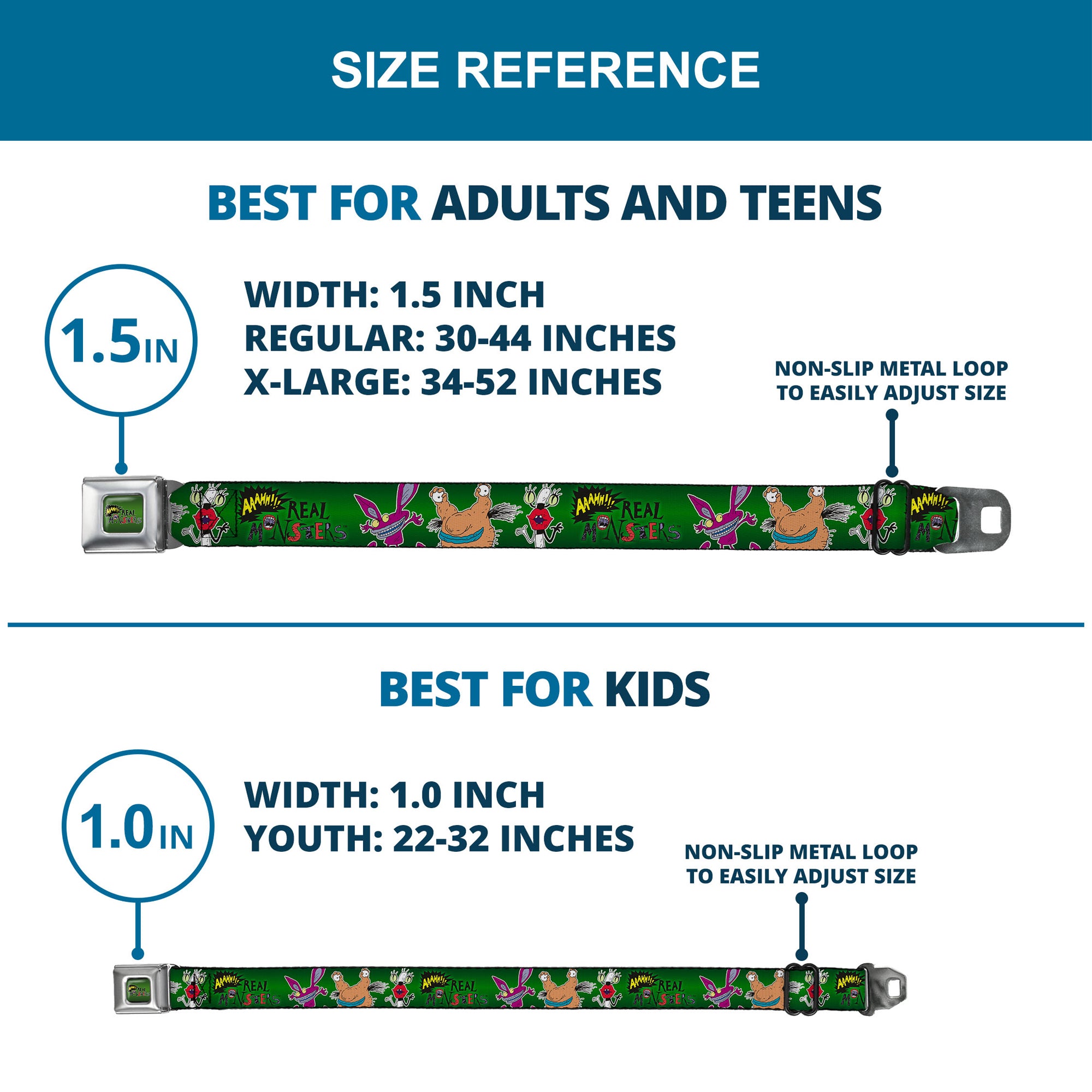 AAAHH!!! REAL MONSTERS Logo Full Color Green Seatbelt Belt - AAAHH!!! REAL MONSTERS Ickis/Krumm/Oblina Pose Green Webbing Seatbelt Belts AAAHH!!! REAL MONSTERS