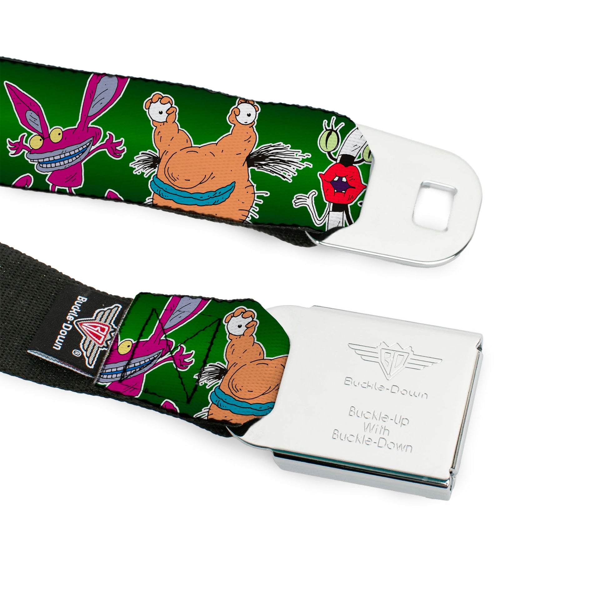 AAAHH!!! REAL MONSTERS Logo Full Color Green Seatbelt Belt - AAAHH!!! REAL MONSTERS Ickis/Krumm/Oblina Pose Green Webbing Seatbelt Belts AAAHH!!! REAL MONSTERS