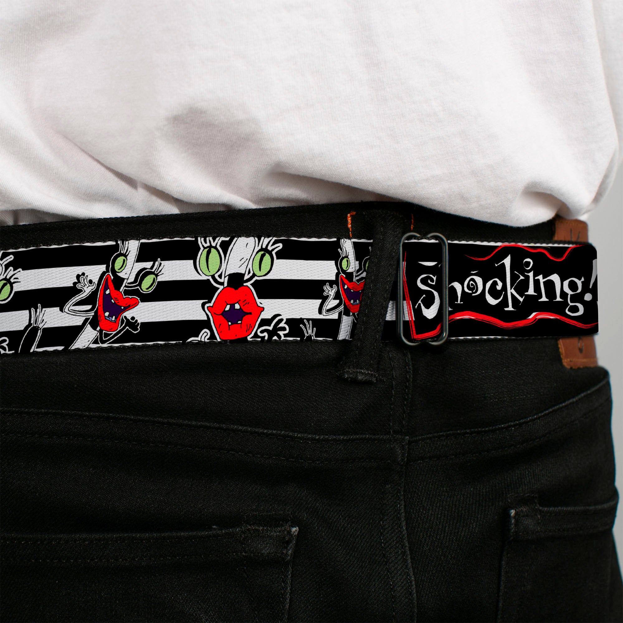 AAAHH!!! REAL MONSTERS Logo Full Color Black Fade Seatbelt Belt - Oblina Poses SHOCKING! Stripe Black/White Webbing Seatbelt Belts AAAHH!!! REAL MONSTERS