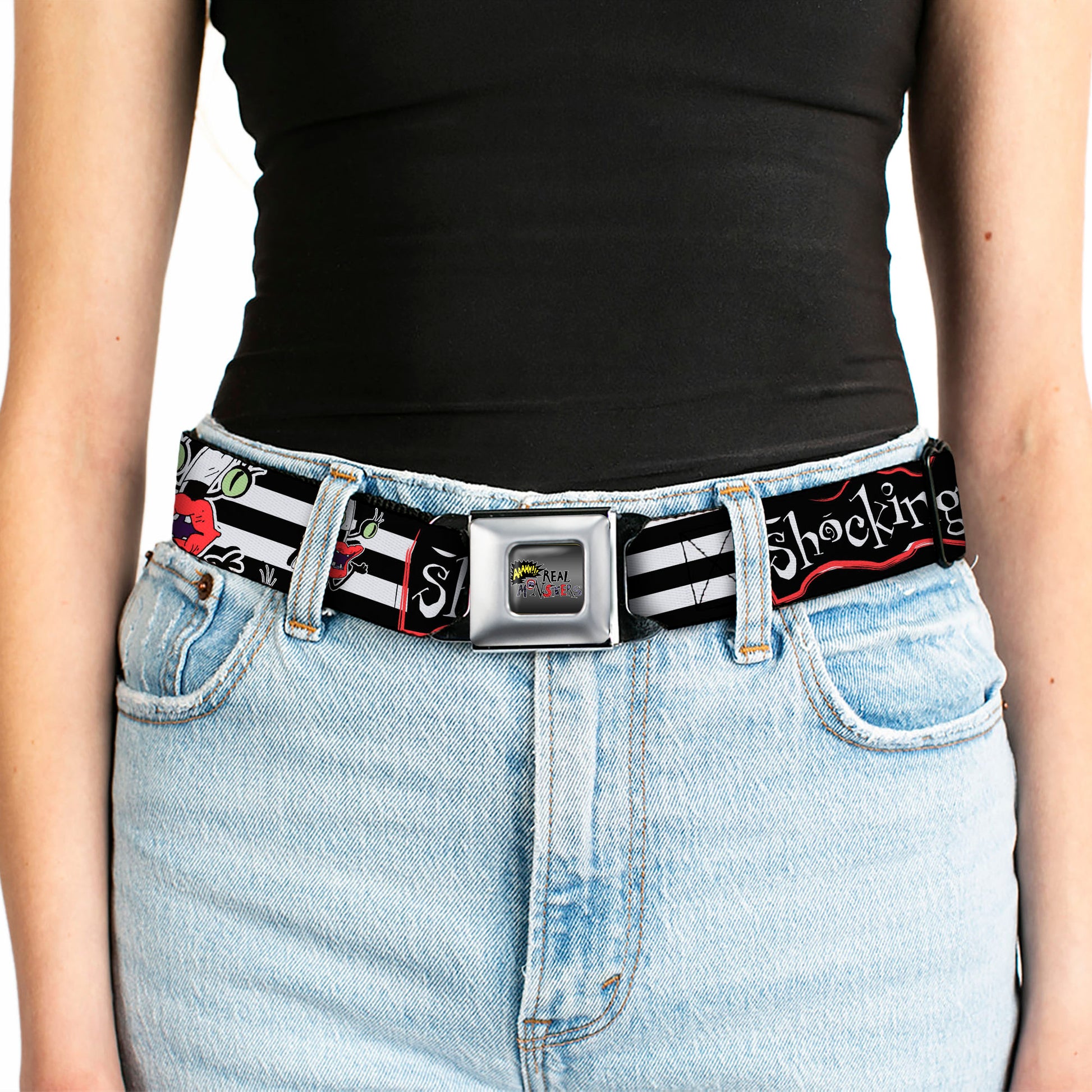 AAAHH!!! REAL MONSTERS Logo Full Color Black Fade Seatbelt Belt - Oblina Poses SHOCKING! Stripe Black/White Webbing Seatbelt Belts AAAHH!!! REAL MONSTERS