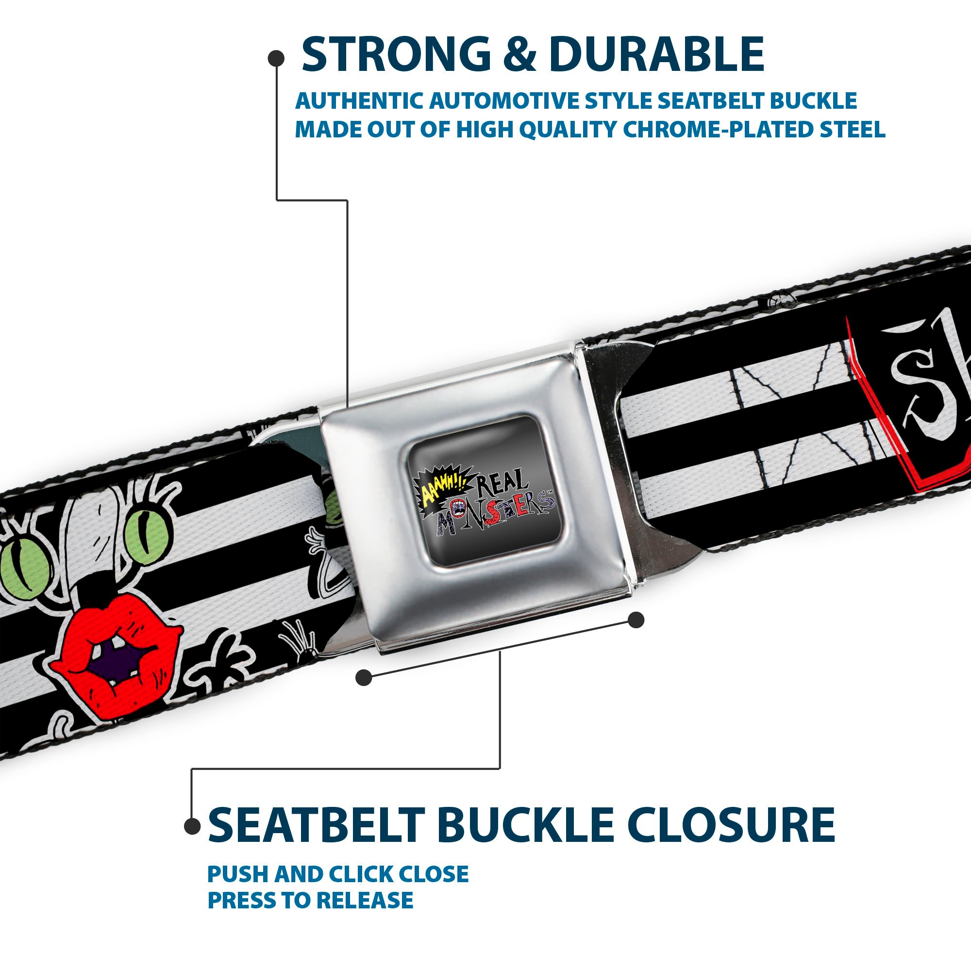 AAAHH!!! REAL MONSTERS Logo Full Color Black Fade Seatbelt Belt - Oblina Poses SHOCKING! Stripe Black/White Webbing Seatbelt Belts AAAHH!!! REAL MONSTERS