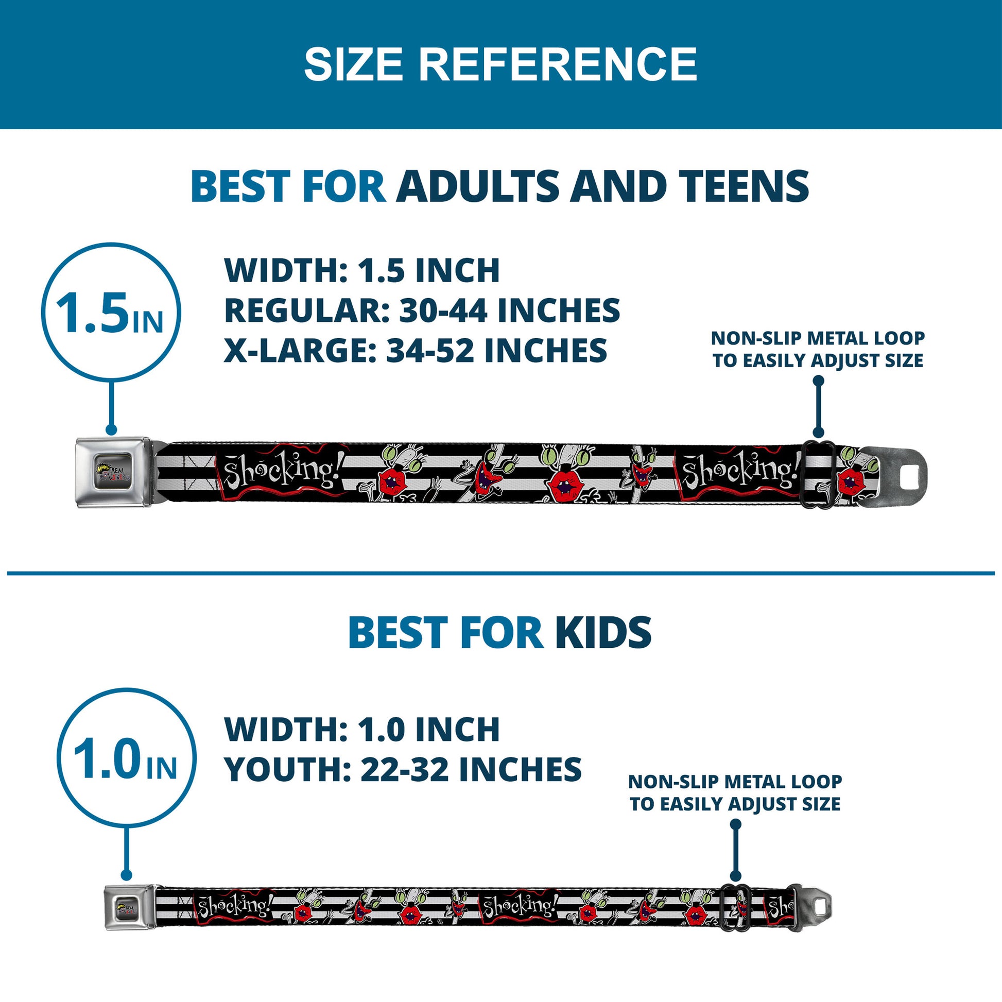 AAAHH!!! REAL MONSTERS Logo Full Color Black Fade Seatbelt Belt - Oblina Poses SHOCKING! Stripe Black/White Webbing Seatbelt Belts AAAHH!!! REAL MONSTERS