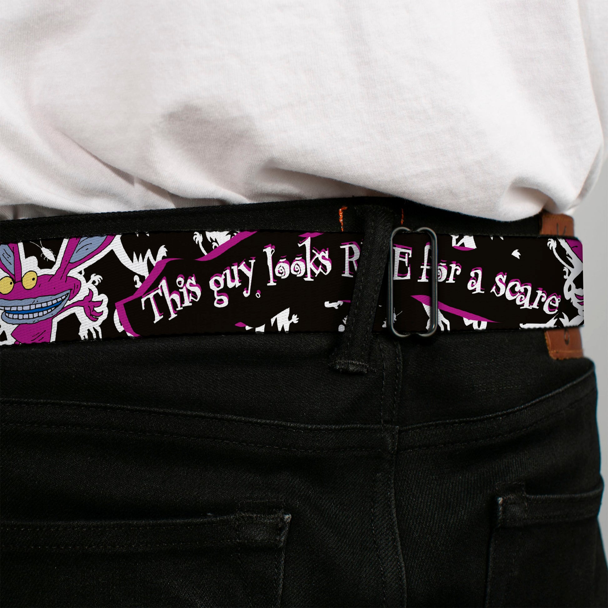 AAAHH!!! REAL MONSTERS Logo Full Color Black Fade Seatbelt Belt - Ickis THIS GUY LOOKSRIPE FOR A SCARE Black/White/Purples Webbing Seatbelt Belts AAAHH!!! REAL MONSTERS
