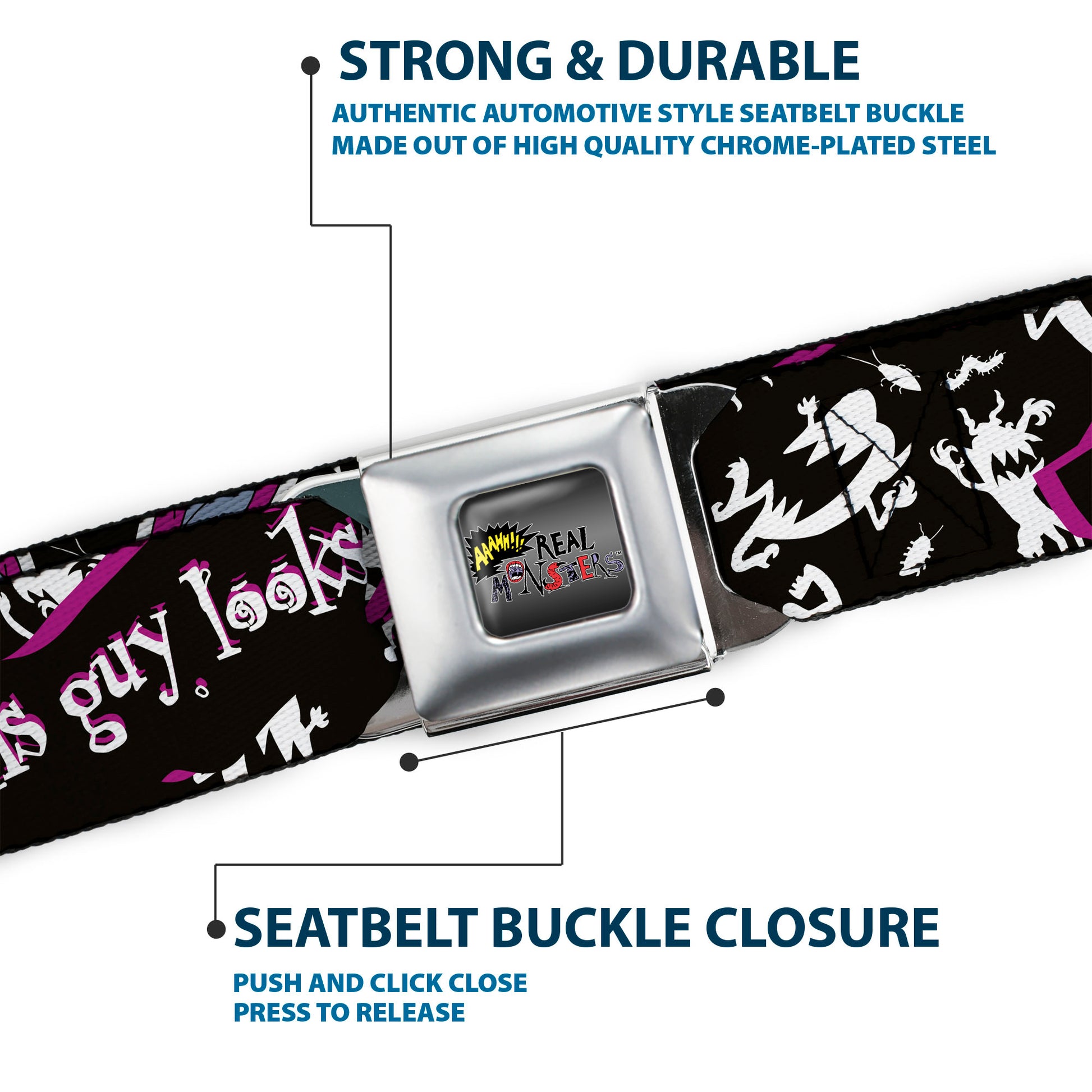 AAAHH!!! REAL MONSTERS Logo Full Color Black Fade Seatbelt Belt - Ickis THIS GUY LOOKSRIPE FOR A SCARE Black/White/Purples Webbing Seatbelt Belts AAAHH!!! REAL MONSTERS