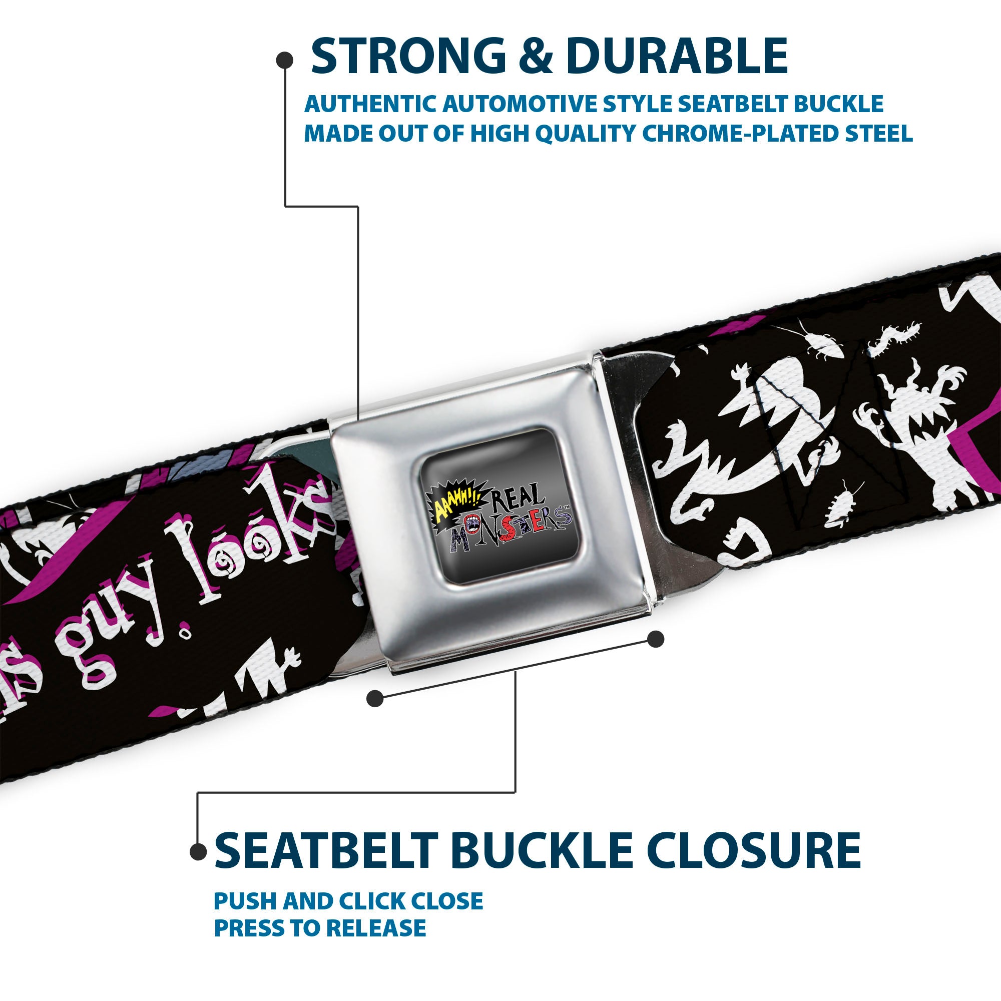 AAAHH!!! REAL MONSTERS Logo Full Color Black Fade Seatbelt Belt - Ickis THIS GUY LOOKSRIPE FOR A SCARE Black/White/Purples Webbing Seatbelt Belts AAAHH!!! REAL MONSTERS