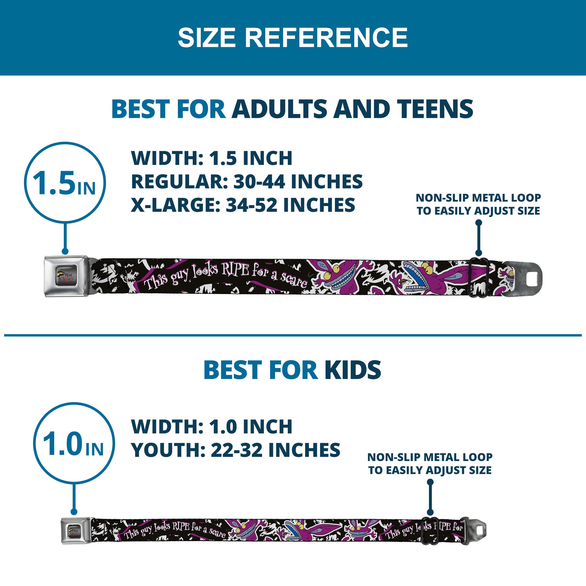 AAAHH!!! REAL MONSTERS Logo Full Color Black Fade Seatbelt Belt - Ickis THIS GUY LOOKSRIPE FOR A SCARE Black/White/Purples Webbing Seatbelt Belts AAAHH!!! REAL MONSTERS