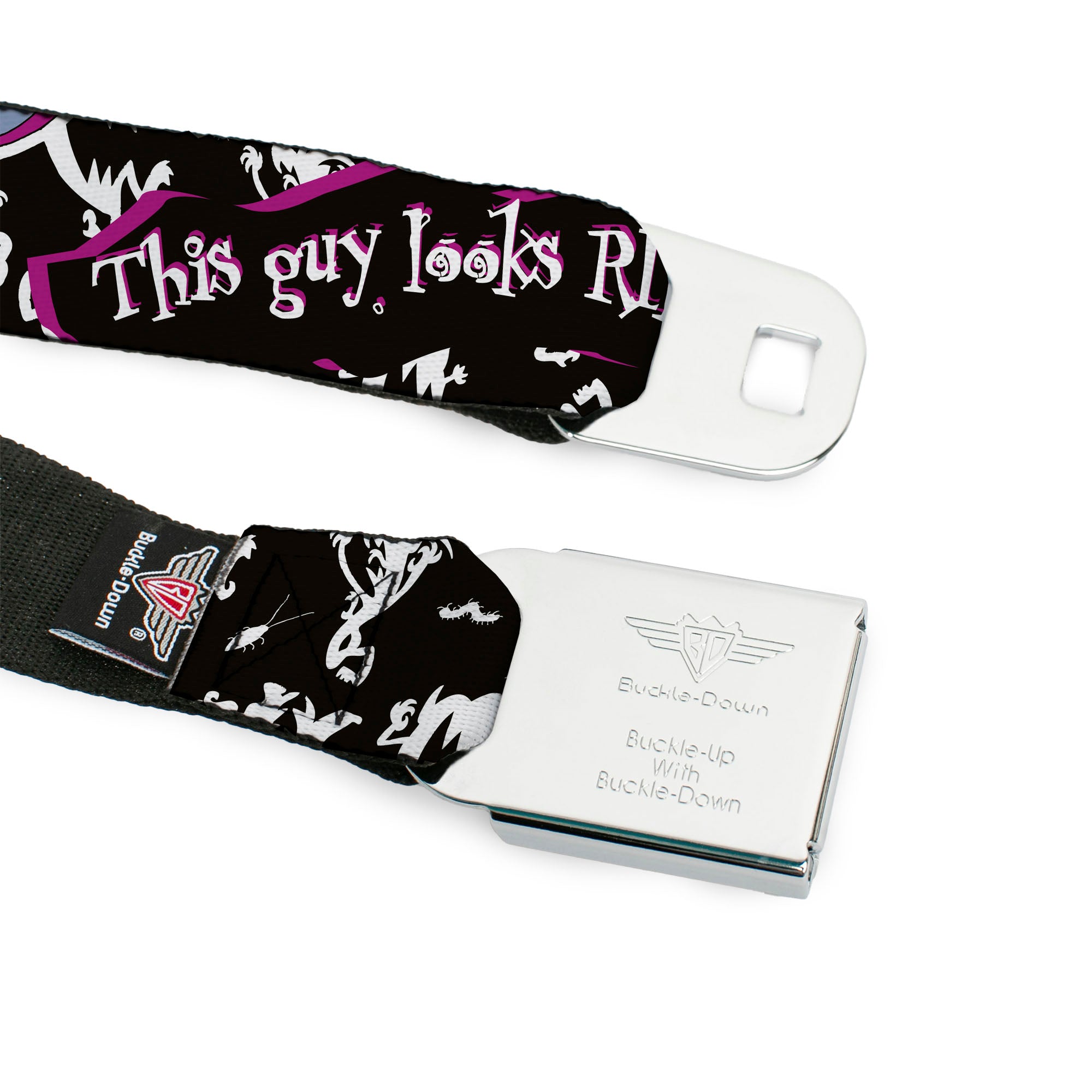 AAAHH!!! REAL MONSTERS Logo Full Color Black Fade Seatbelt Belt - Ickis THIS GUY LOOKSRIPE FOR A SCARE Black/White/Purples Webbing Seatbelt Belts AAAHH!!! REAL MONSTERS