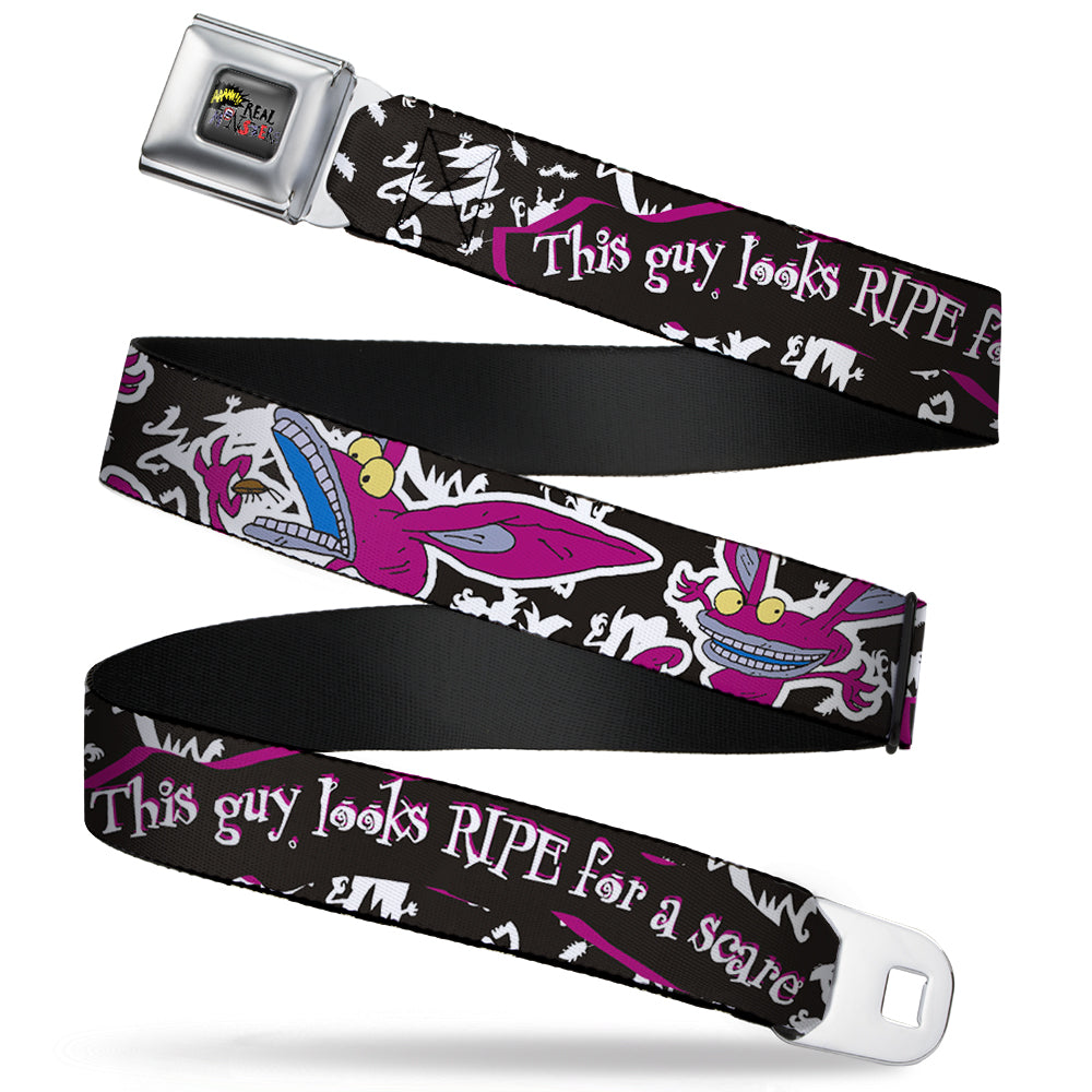 AAAHH!!! REAL MONSTERS Logo Full Color Black Fade Seatbelt Belt - Ickis THIS GUY LOOKSRIPE FOR A SCARE Black/White/Purples Webbing Seatbelt Belts AAAHH!!! REAL MONSTERS