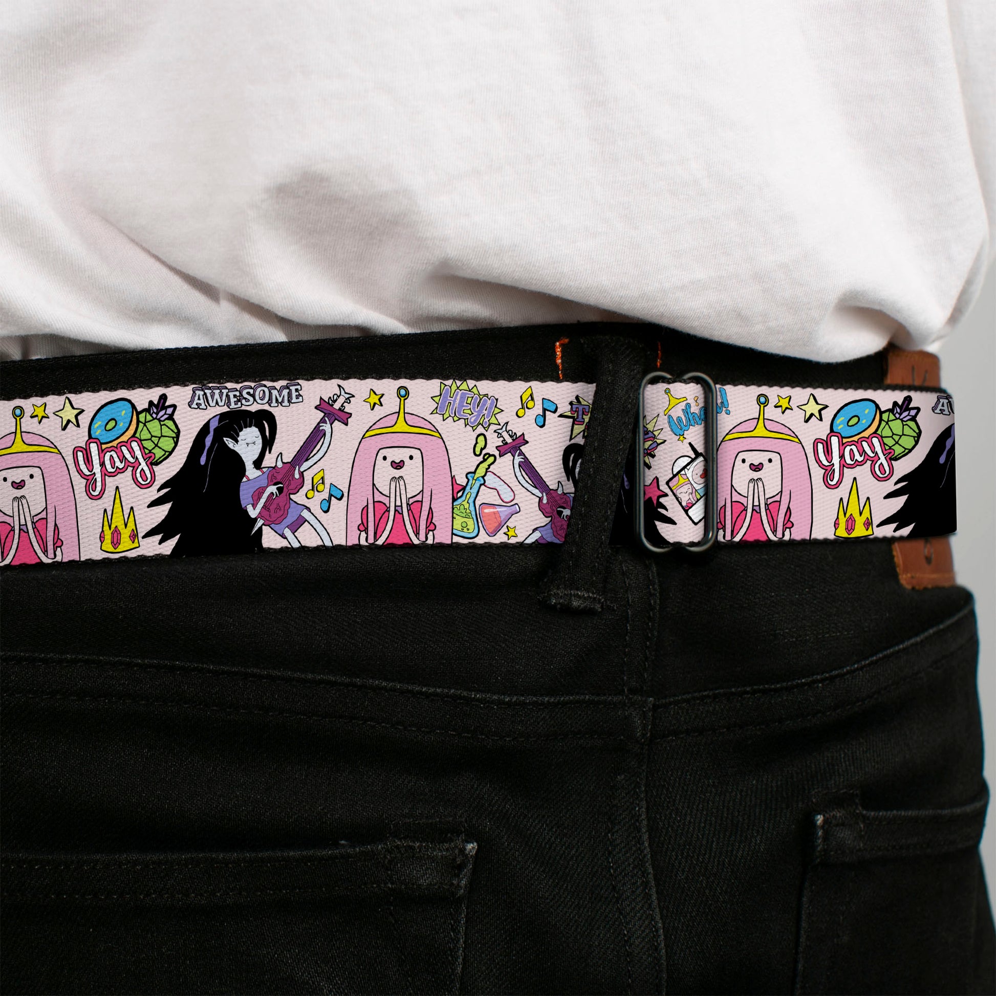 ADVENTURE TIME Title Logo Full Color Lavender/White Seatbelt Belt - Adventure Time Marceline and Princess Bubblegum Collage Pink Webbing Seatbelt Belts Adventure Time