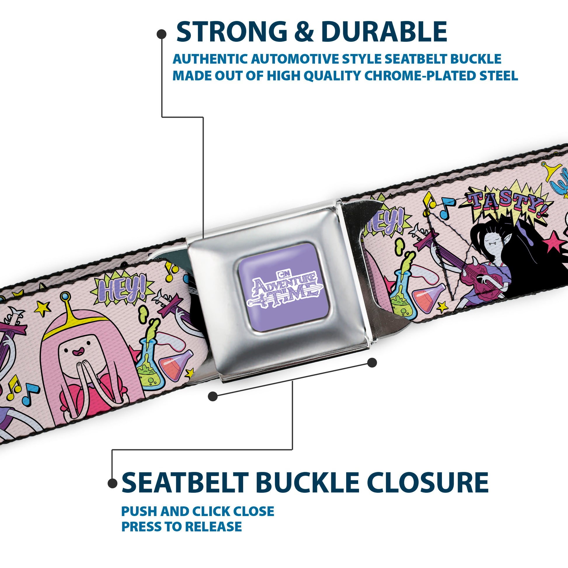 ADVENTURE TIME Title Logo Full Color Lavender/White Seatbelt Belt - Adventure Time Marceline and Princess Bubblegum Collage Pink Webbing Seatbelt Belts Adventure Time