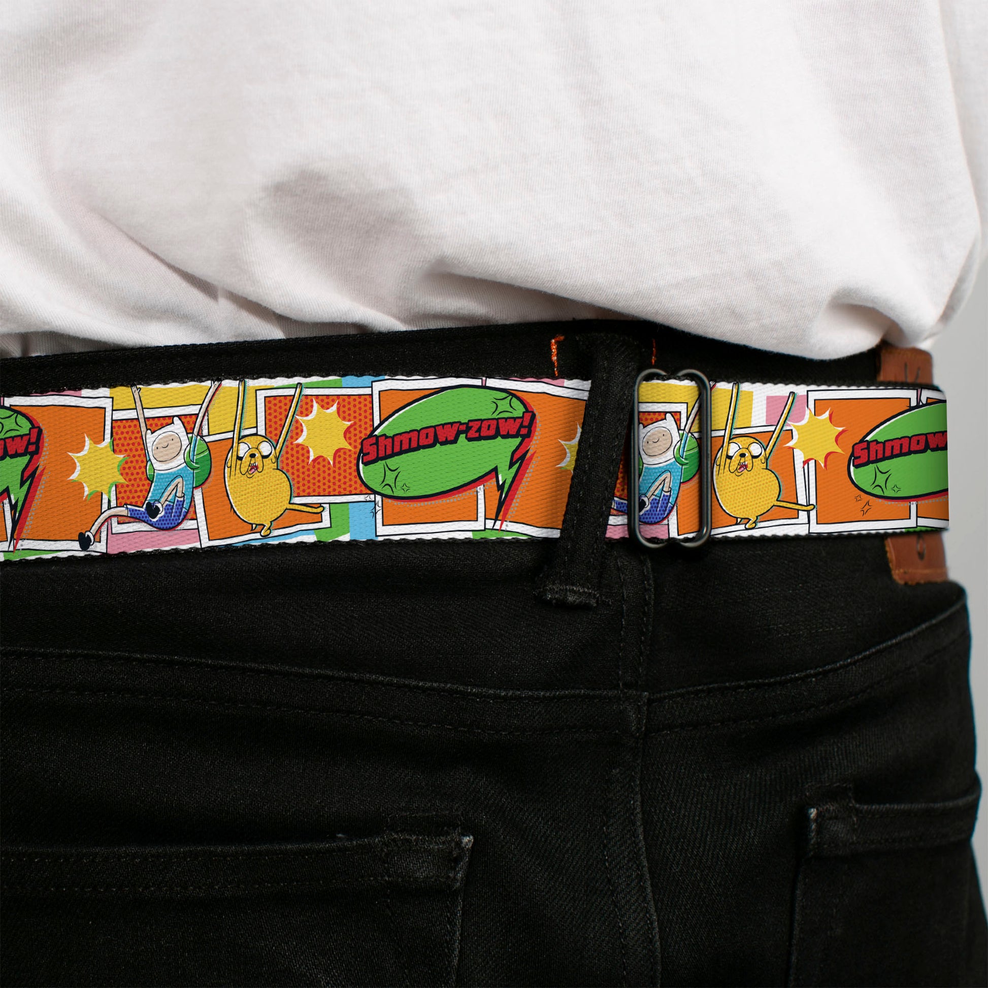 ADVENTURE TIME Title Logo Full Color White Seatbelt Belt - Adventure Time Finn and Jake SHMOW-ZOW Comic Pose Orange Webbing Seatbelt Belts Adventure Time