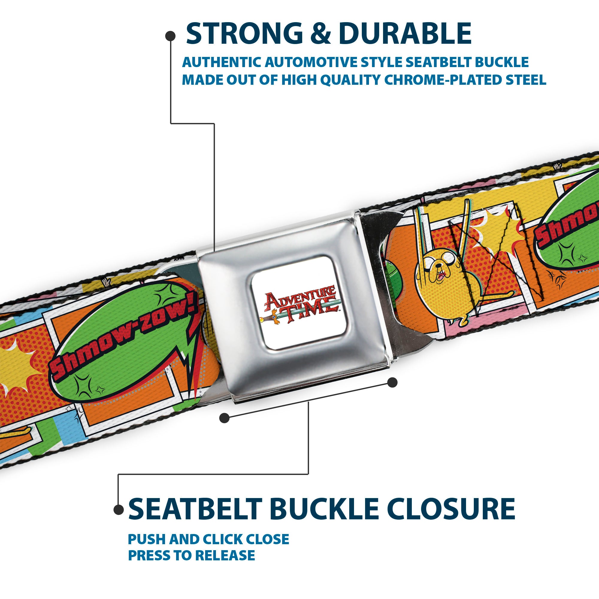 ADVENTURE TIME Title Logo Full Color White Seatbelt Belt - Adventure Time Finn and Jake SHMOW-ZOW Comic Pose Orange Webbing Seatbelt Belts Adventure Time