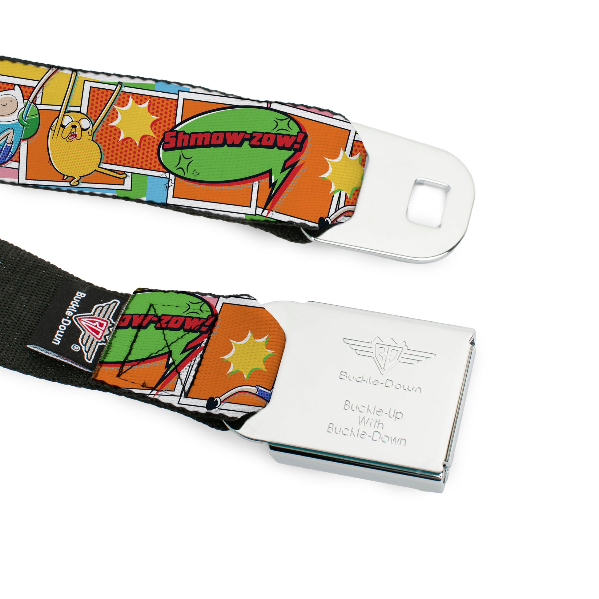 ADVENTURE TIME Title Logo Full Color White Seatbelt Belt - Adventure Time Finn and Jake SHMOW-ZOW Comic Pose Orange Webbing Seatbelt Belts Adventure Time