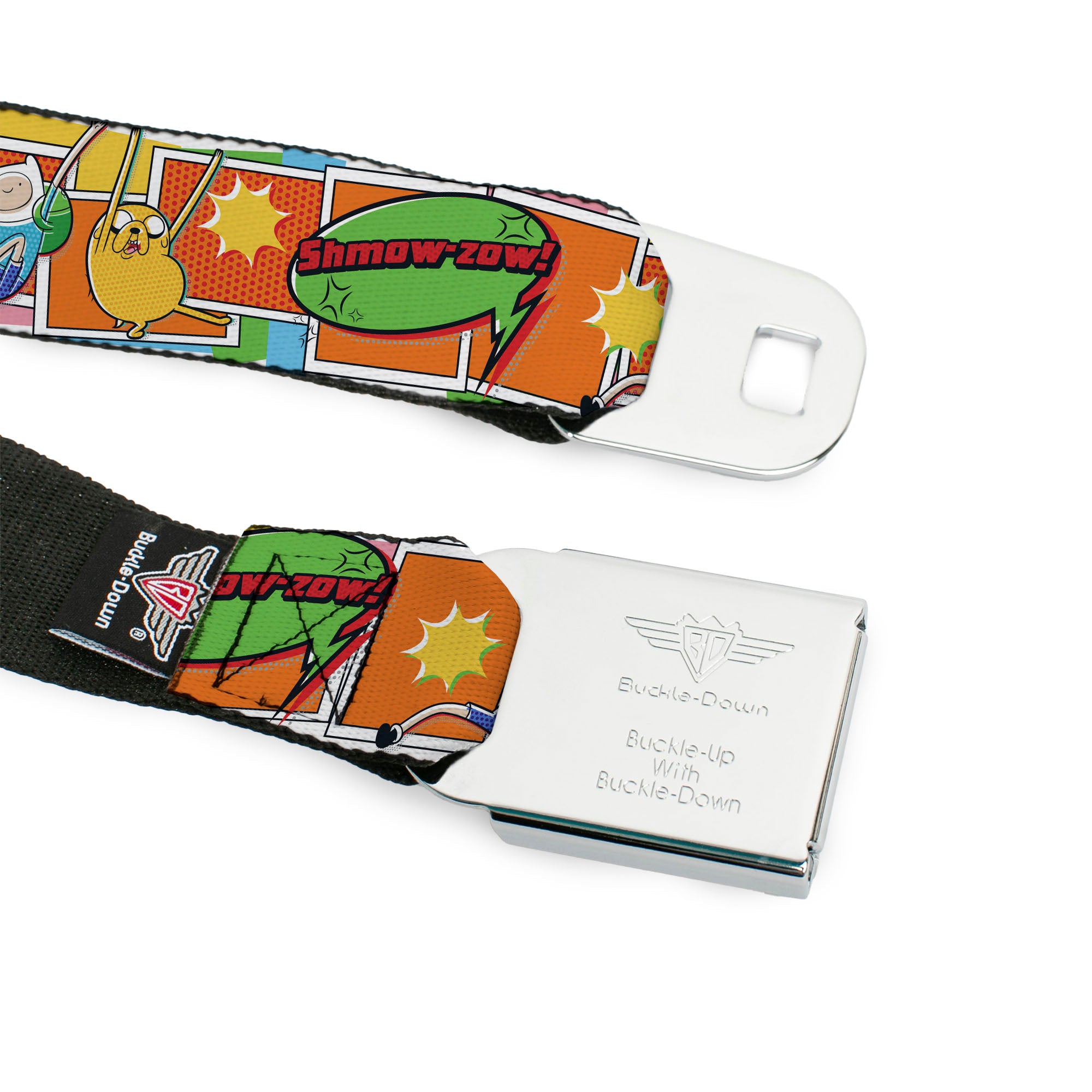 ADVENTURE TIME Title Logo Full Color White Seatbelt Belt - Adventure Time Finn and Jake SHMOW-ZOW Comic Pose Orange Webbing Seatbelt Belts Adventure Time