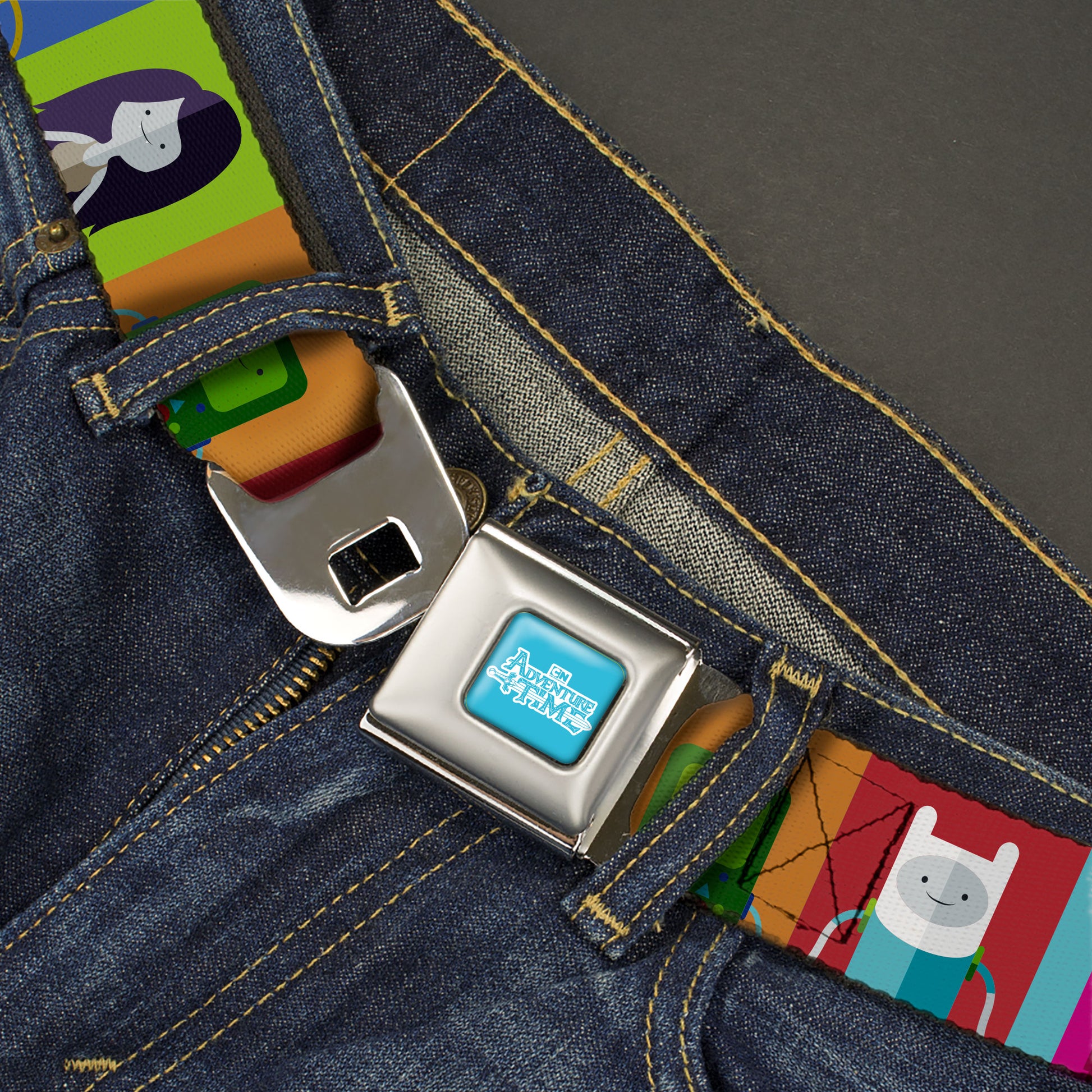 ADVENTURE TIME Title Logo Full Color Blue/White Seatbelt Belt - Adventure Time 5-Character Pose Color Blocks Multi Color Webbing Seatbelt Belts Adventure Time