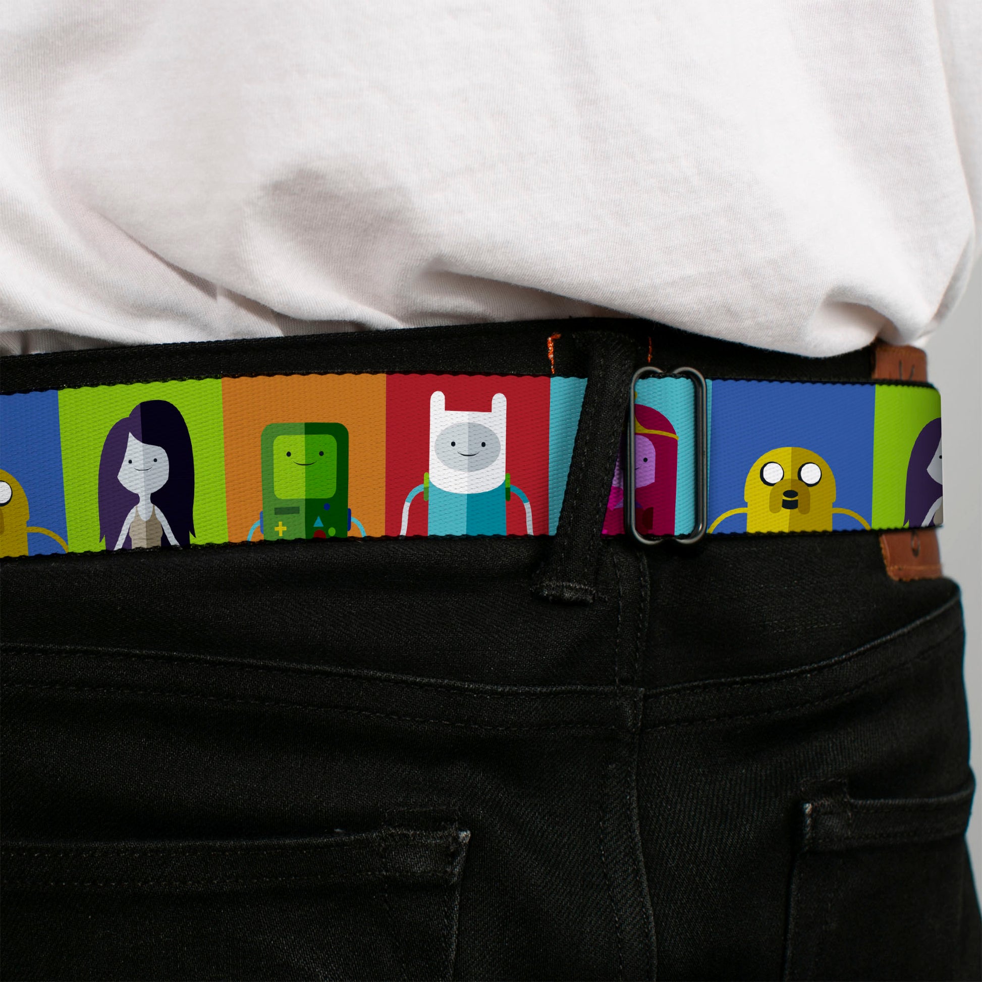 ADVENTURE TIME Title Logo Full Color Blue/White Seatbelt Belt - Adventure Time 5-Character Pose Color Blocks Multi Color Webbing Seatbelt Belts Adventure Time