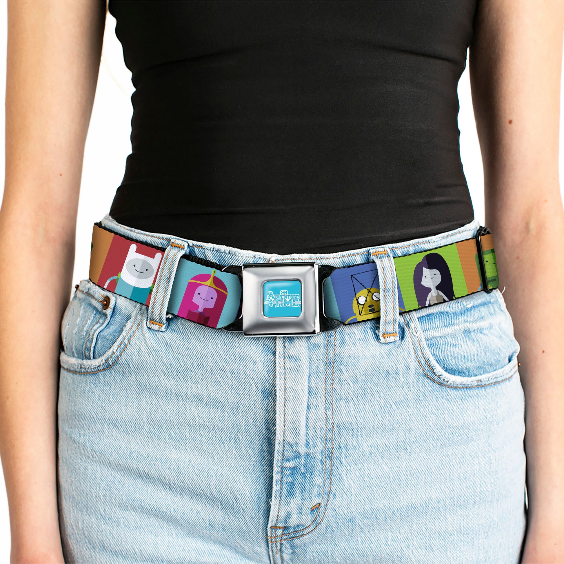 ADVENTURE TIME Title Logo Full Color Blue/White Seatbelt Belt - Adventure Time 5-Character Pose Color Blocks Multi Color Webbing Seatbelt Belts Adventure Time