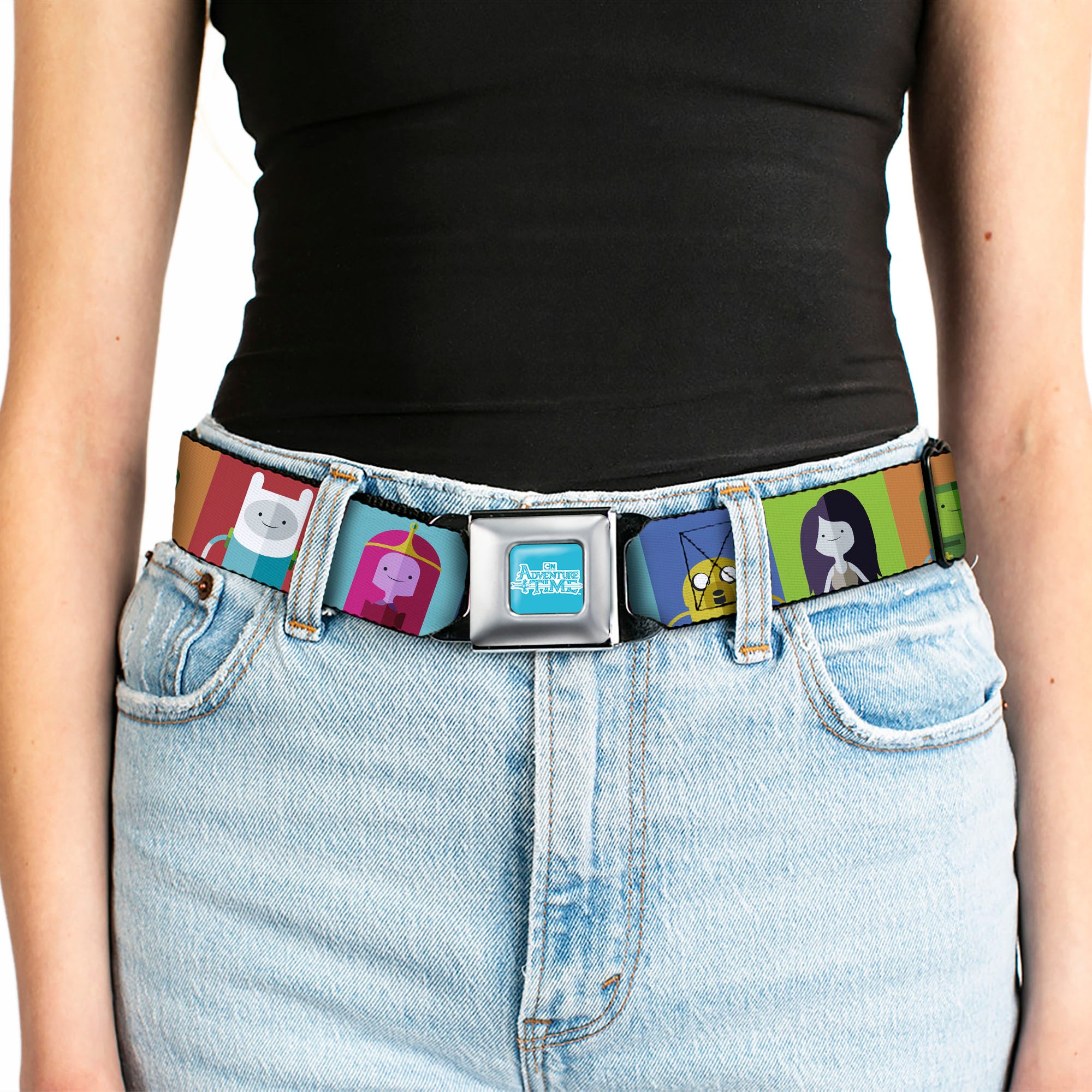 ADVENTURE TIME Title Logo Full Color Blue/White Seatbelt Belt - Adventure Time 5-Character Pose Color Blocks Multi Color Webbing Seatbelt Belts Adventure Time