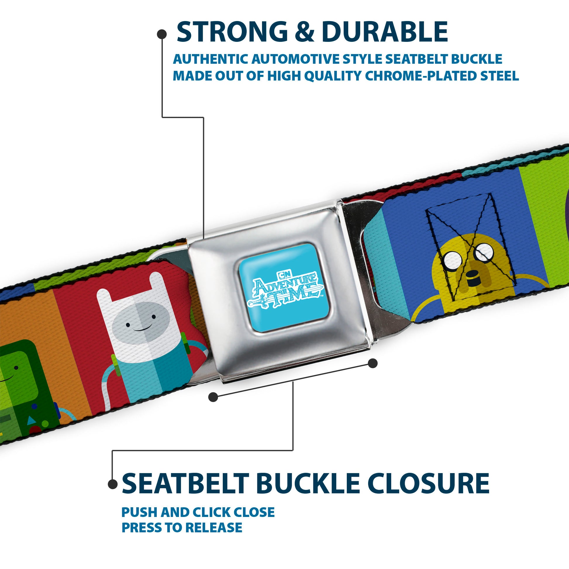 ADVENTURE TIME Title Logo Full Color Blue/White Seatbelt Belt - Adventure Time 5-Character Pose Color Blocks Multi Color Webbing Seatbelt Belts Adventure Time
