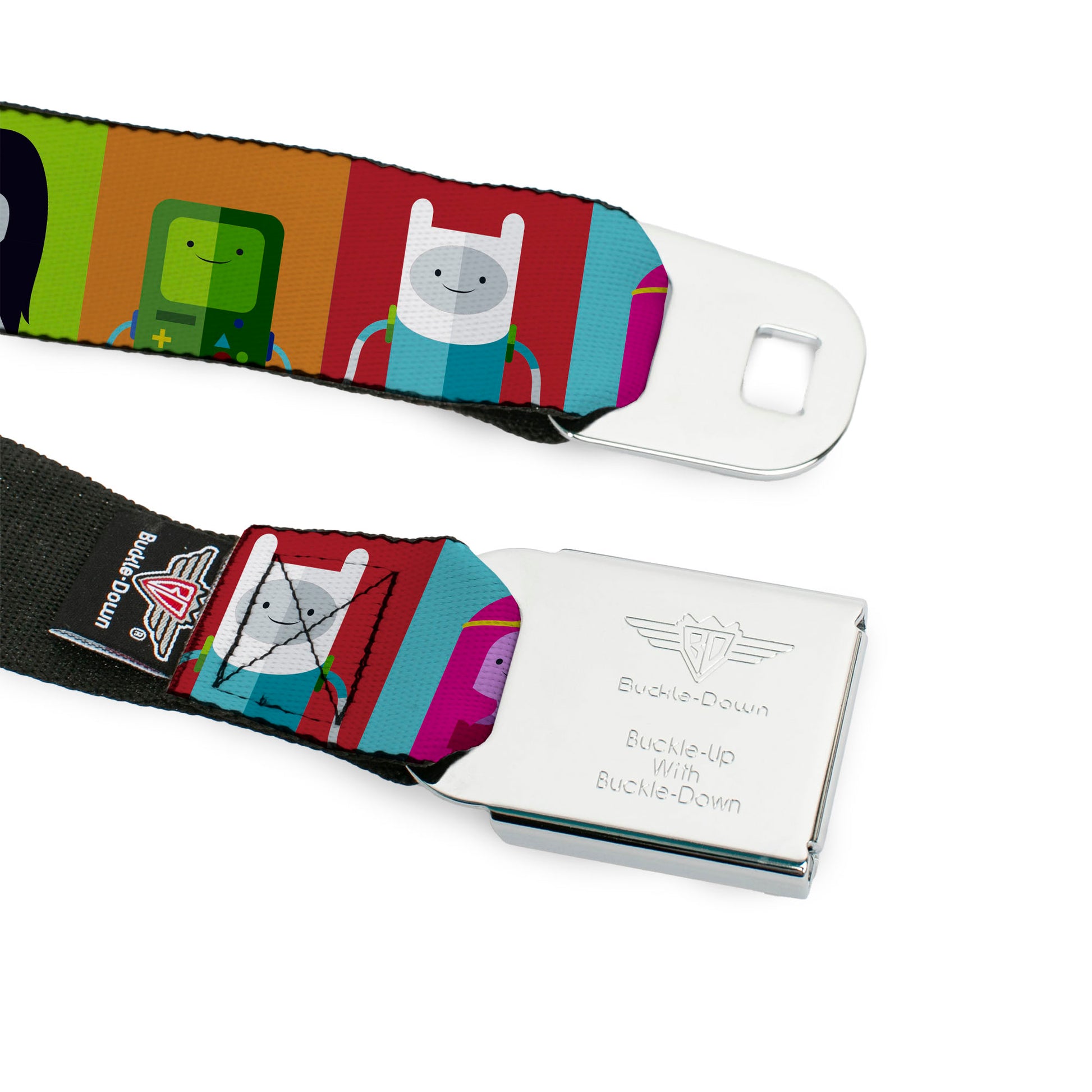 ADVENTURE TIME Title Logo Full Color Blue/White Seatbelt Belt - Adventure Time 5-Character Pose Color Blocks Multi Color Webbing Seatbelt Belts Adventure Time