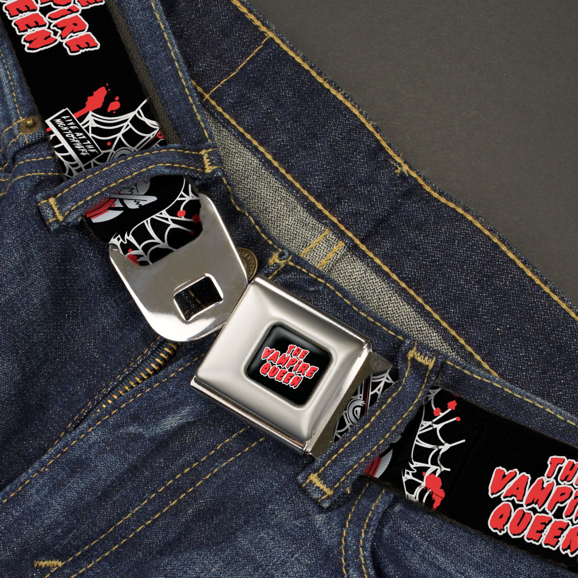 Adventure Time Marceline THE VAMPIRE QUEEN Title Logo Full Color Black/White/Red Seatbelt Belt - Adventure Time Marceline THE VAMPIRE QUEEN Web Pose Black/White/Red Webbing Seatbelt Belts Cartoon Network