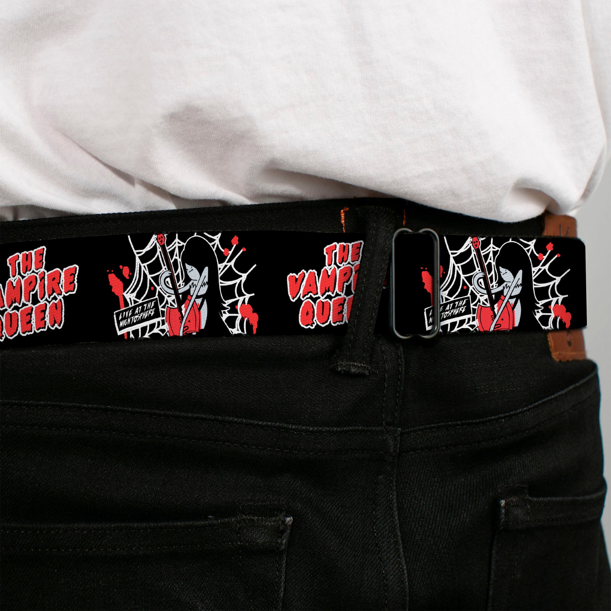 Adventure Time Marceline THE VAMPIRE QUEEN Title Logo Full Color Black/White/Red Seatbelt Belt - Adventure Time Marceline THE VAMPIRE QUEEN Web Pose Black/White/Red Webbing Seatbelt Belts Cartoon Network