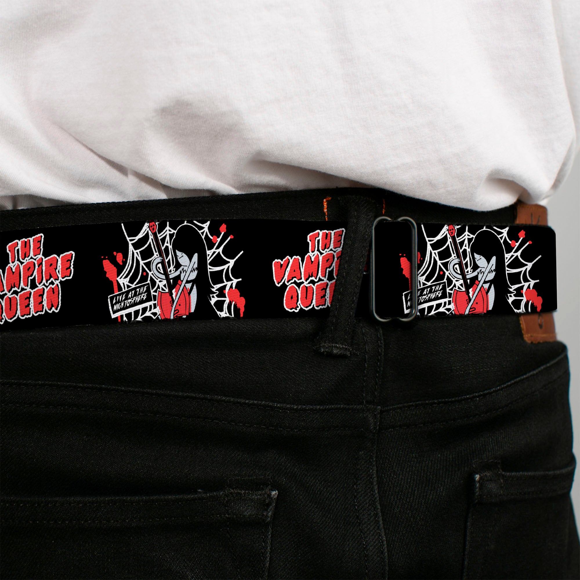 Adventure Time Marceline THE VAMPIRE QUEEN Title Logo Full Color Black/White/Red Seatbelt Belt - Adventure Time Marceline THE VAMPIRE QUEEN Web Pose Black/White/Red Webbing Seatbelt Belts Cartoon Network