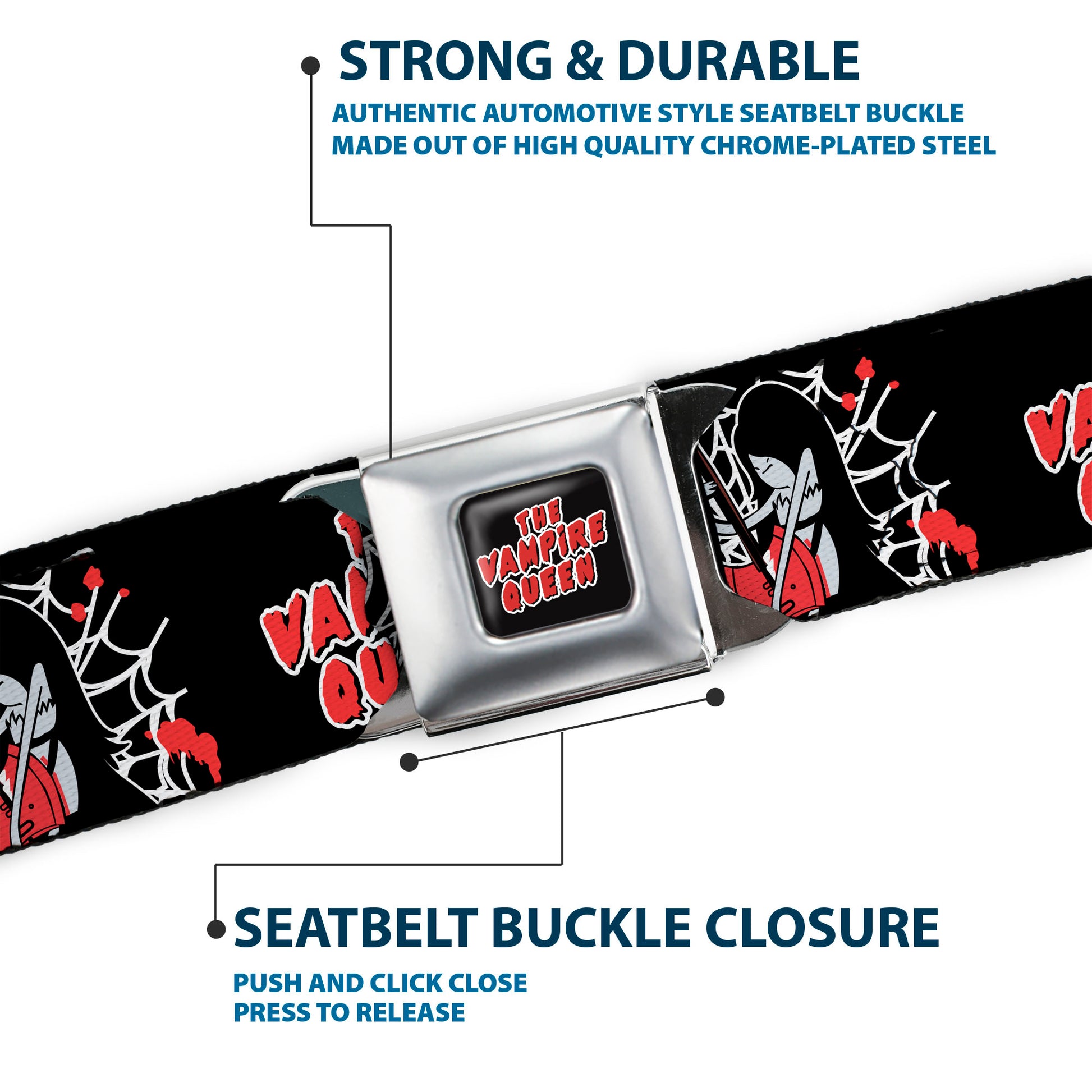 Adventure Time Marceline THE VAMPIRE QUEEN Title Logo Full Color Black/White/Red Seatbelt Belt - Adventure Time Marceline THE VAMPIRE QUEEN Web Pose Black/White/Red Webbing Seatbelt Belts Cartoon Network