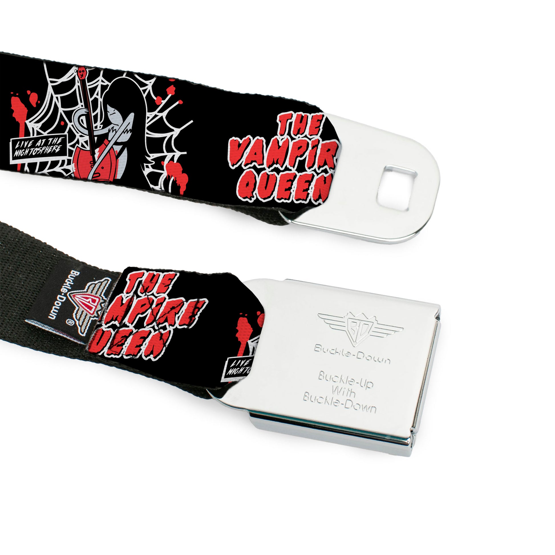 Adventure Time Marceline THE VAMPIRE QUEEN Title Logo Full Color Black/White/Red Seatbelt Belt - Adventure Time Marceline THE VAMPIRE QUEEN Web Pose Black/White/Red Webbing Seatbelt Belts Cartoon Network