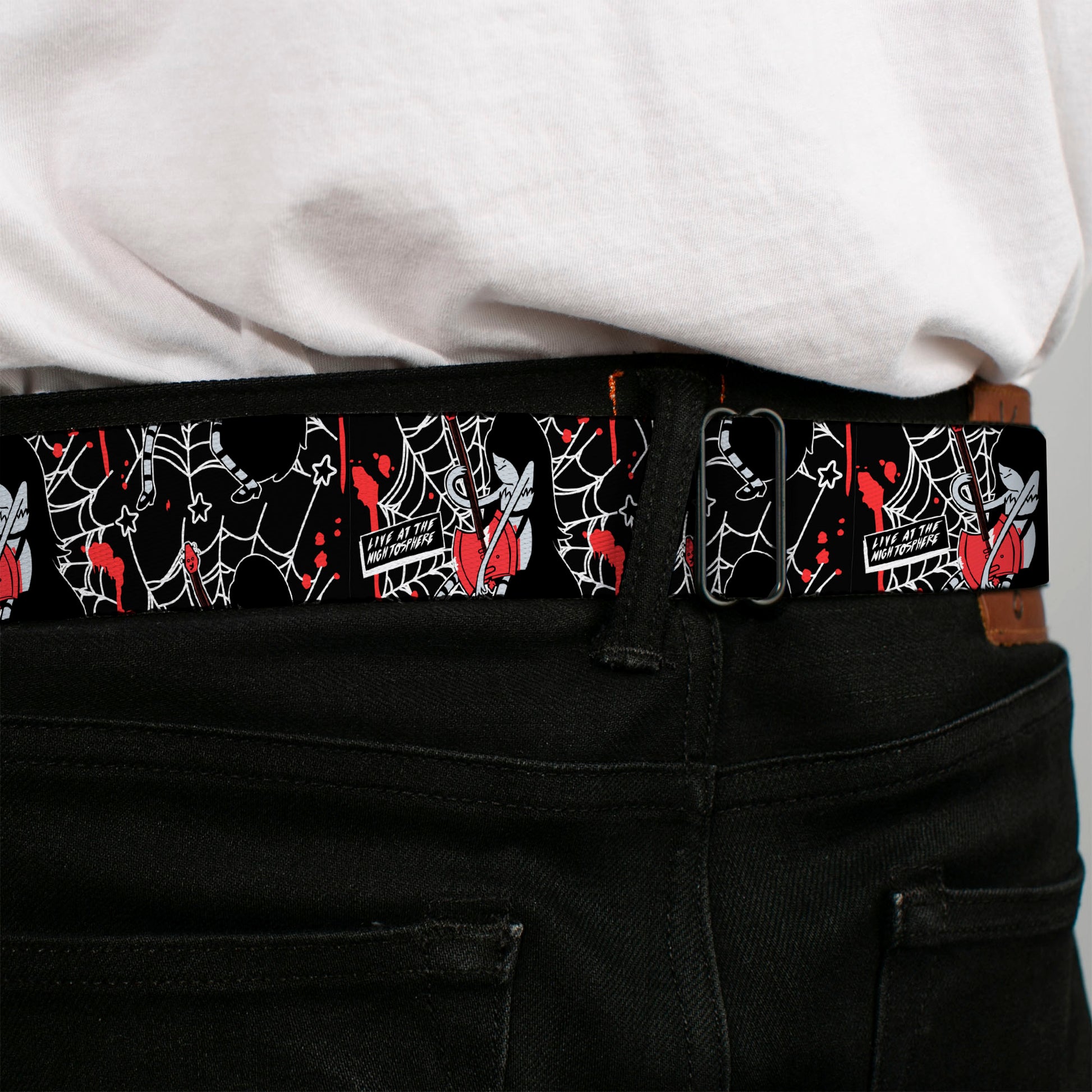 Adventure Time Marceline THE VAMPIRE QUEEN Title Logo Full Color Black/White/Red Seatbelt Belt - Adventure Time Marceline LIVE AT THE NIGHTOSPHERE Pose Black/White/Red Webbing Seatbelt Belts Cartoon Network