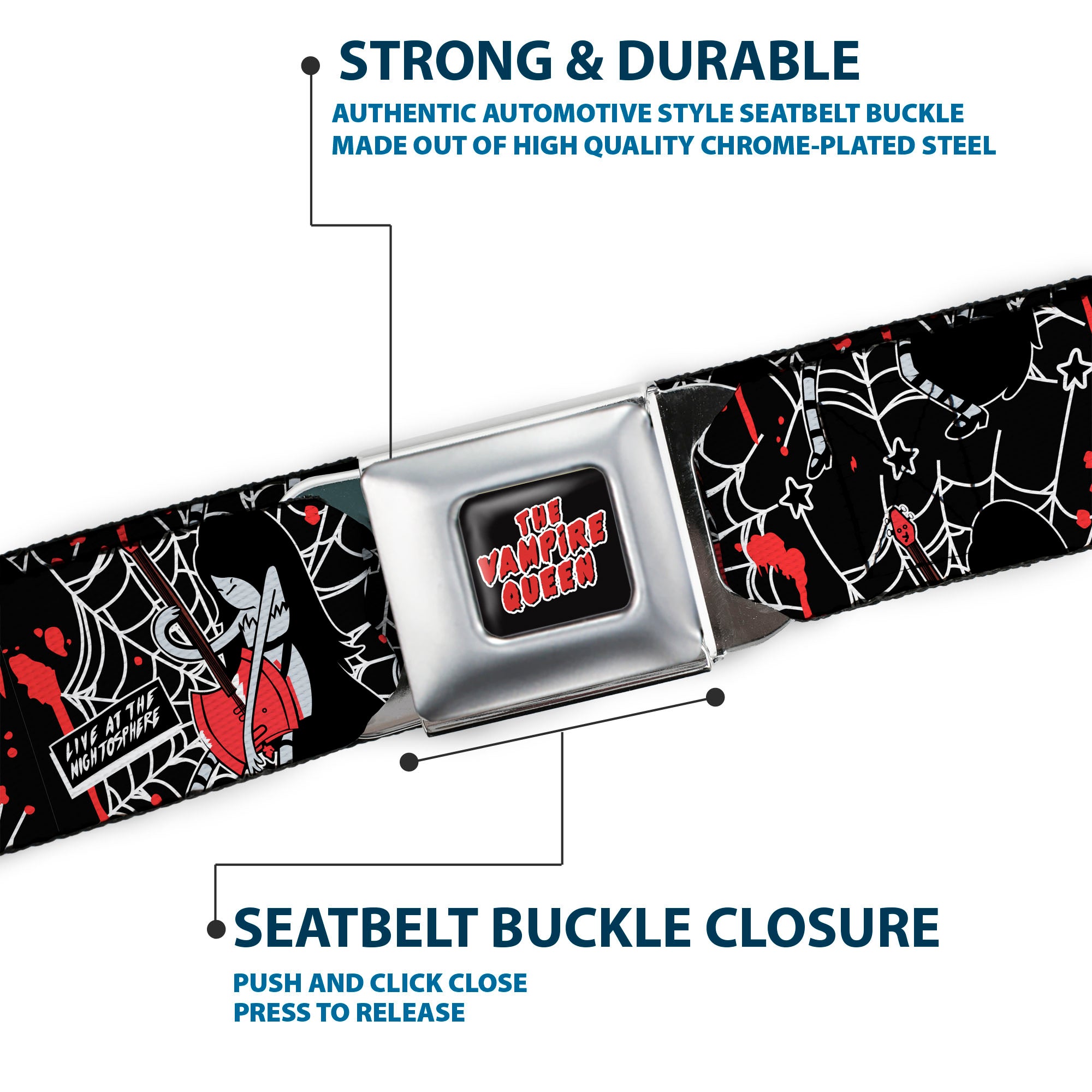 Adventure Time Marceline THE VAMPIRE QUEEN Title Logo Full Color Black/White/Red Seatbelt Belt - Adventure Time Marceline LIVE AT THE NIGHTOSPHERE Pose Black/White/Red Webbing Seatbelt Belts Cartoon Network