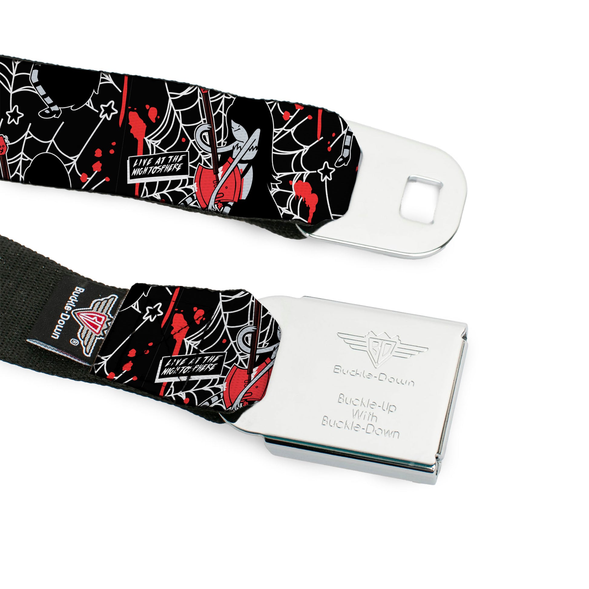 Adventure Time Marceline THE VAMPIRE QUEEN Title Logo Full Color Black/White/Red Seatbelt Belt - Adventure Time Marceline LIVE AT THE NIGHTOSPHERE Pose Black/White/Red Webbing Seatbelt Belts Cartoon Network