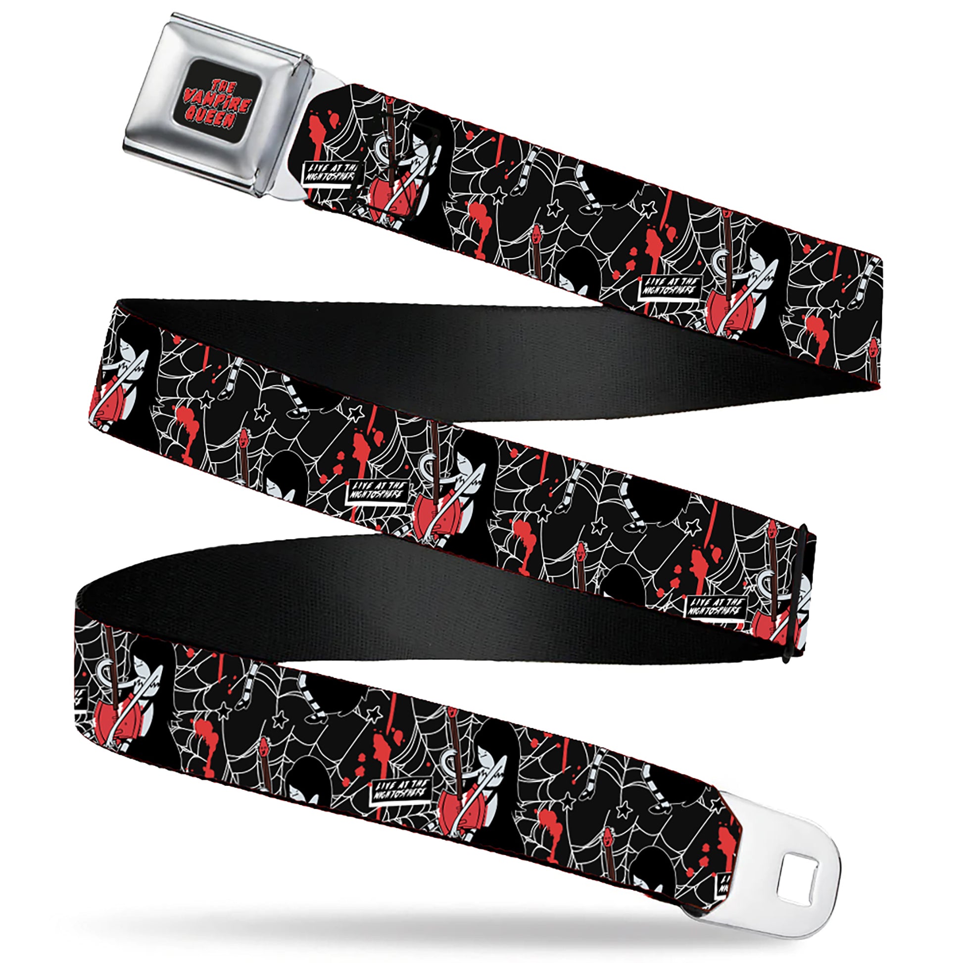 Adventure Time Marceline THE VAMPIRE QUEEN Title Logo Full Color Black/White/Red Seatbelt Belt - Adventure Time Marceline LIVE AT THE NIGHTOSPHERE Pose Black/White/Red Webbing Seatbelt Belts Cartoon Network