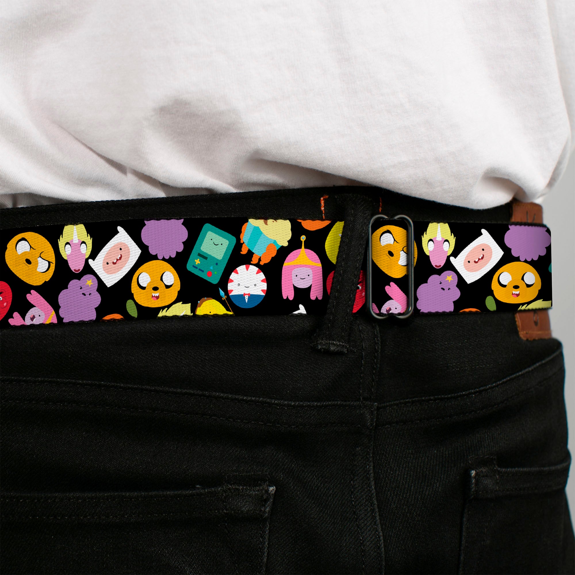Cartoon Network ADVENTURE TIME Title Logo Full Color Black Seatbelt Belt - Adventure Time Character Face Icons Scattered Black Webbing Seatbelt Belts Adventure Time