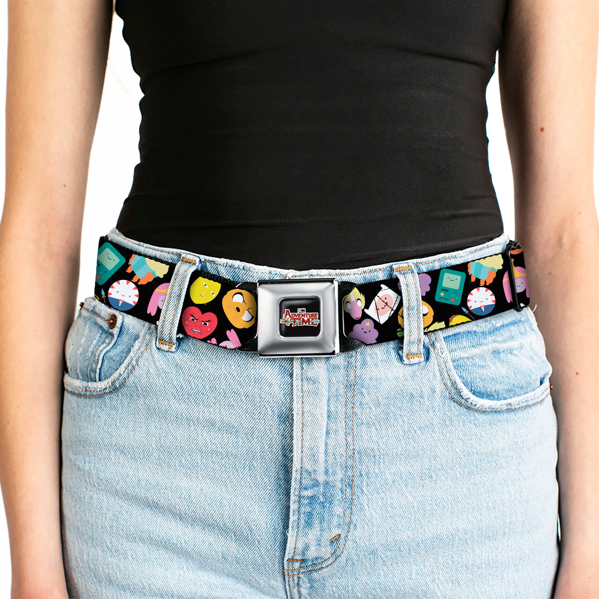 Cartoon Network ADVENTURE TIME Title Logo Full Color Black Seatbelt Belt - Adventure Time Character Face Icons Scattered Black Webbing Seatbelt Belts Adventure Time