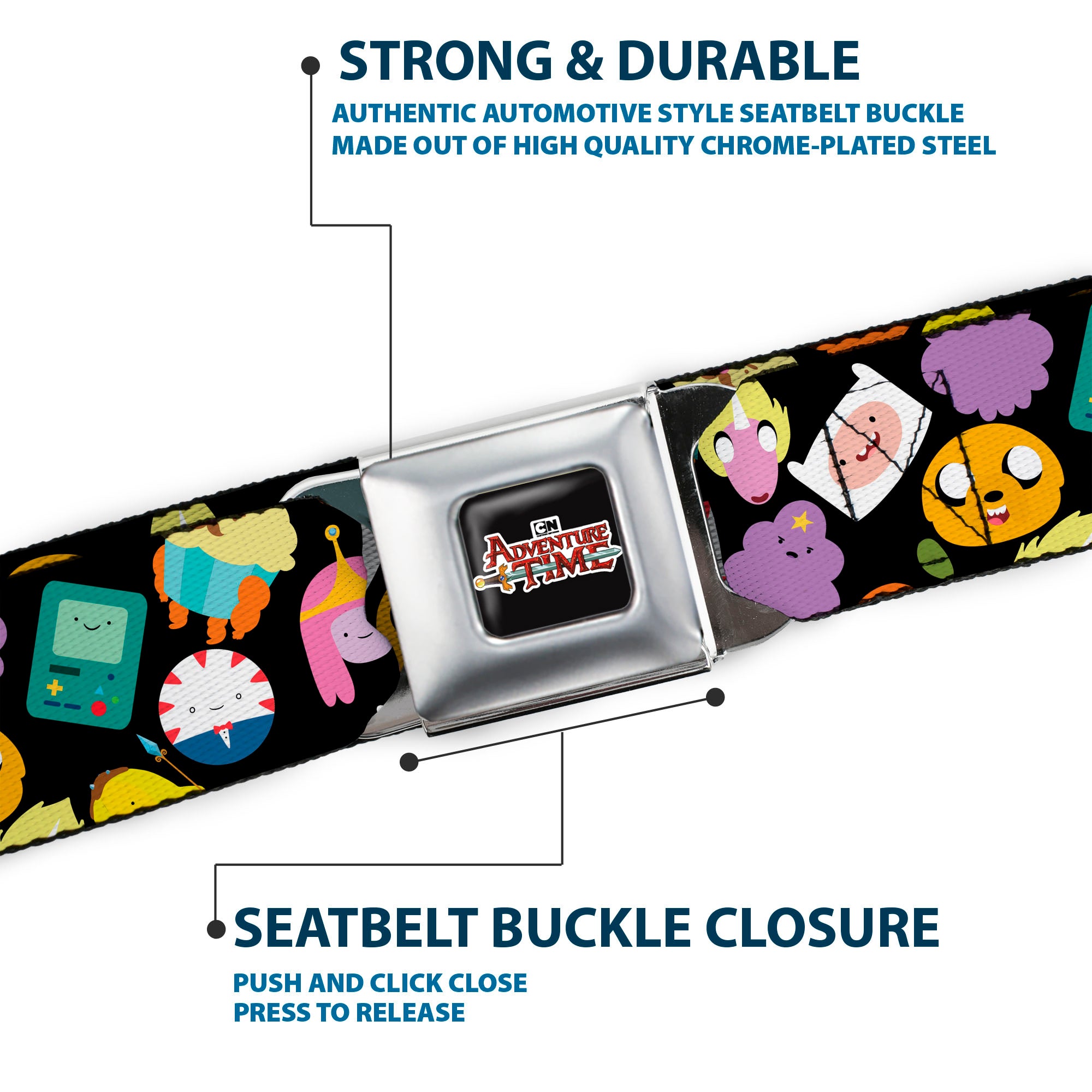 Cartoon Network ADVENTURE TIME Title Logo Full Color Black Seatbelt Belt - Adventure Time Character Face Icons Scattered Black Webbing Seatbelt Belts Adventure Time