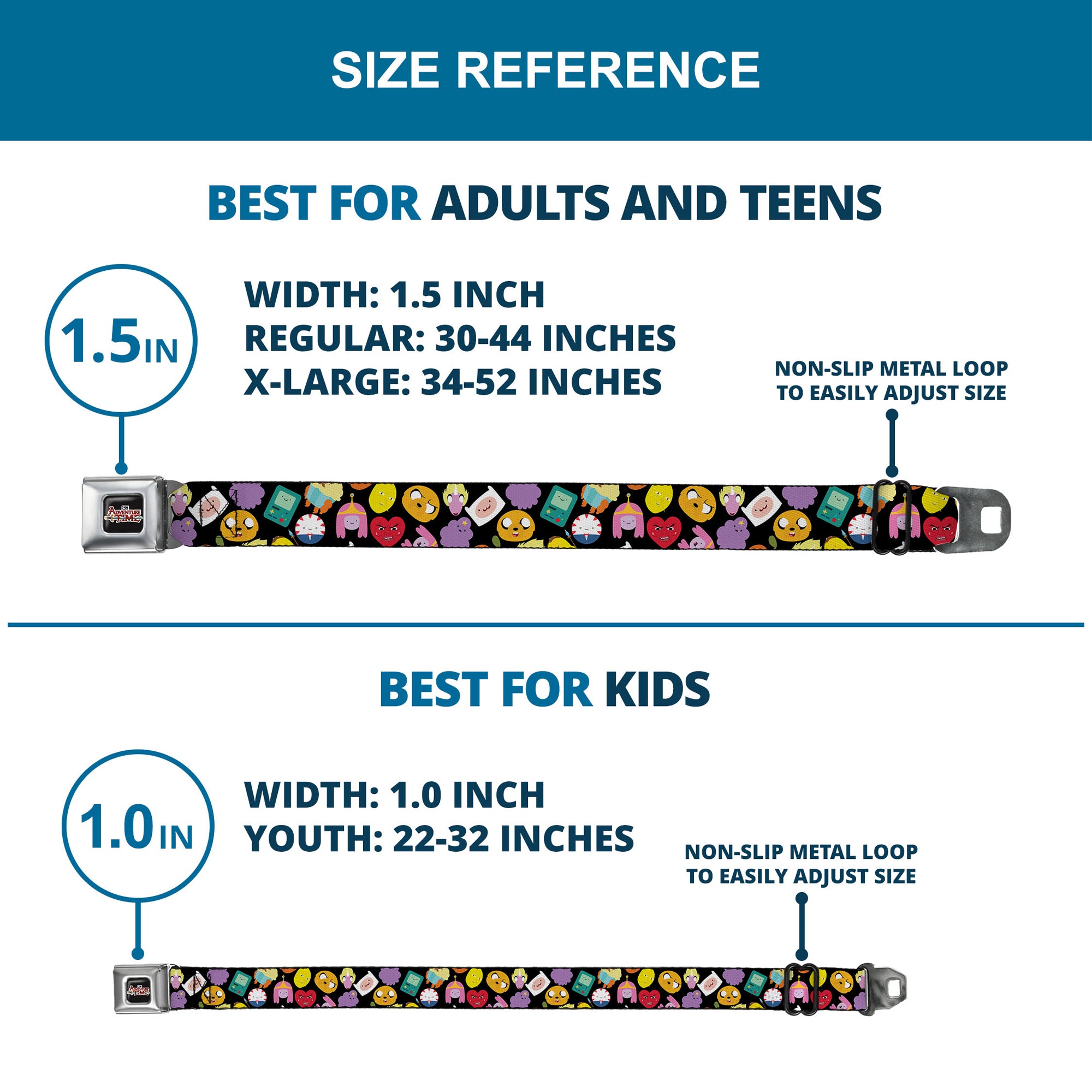 Cartoon Network ADVENTURE TIME Title Logo Full Color Black Seatbelt Belt - Adventure Time Character Face Icons Scattered Black Webbing Seatbelt Belts Adventure Time