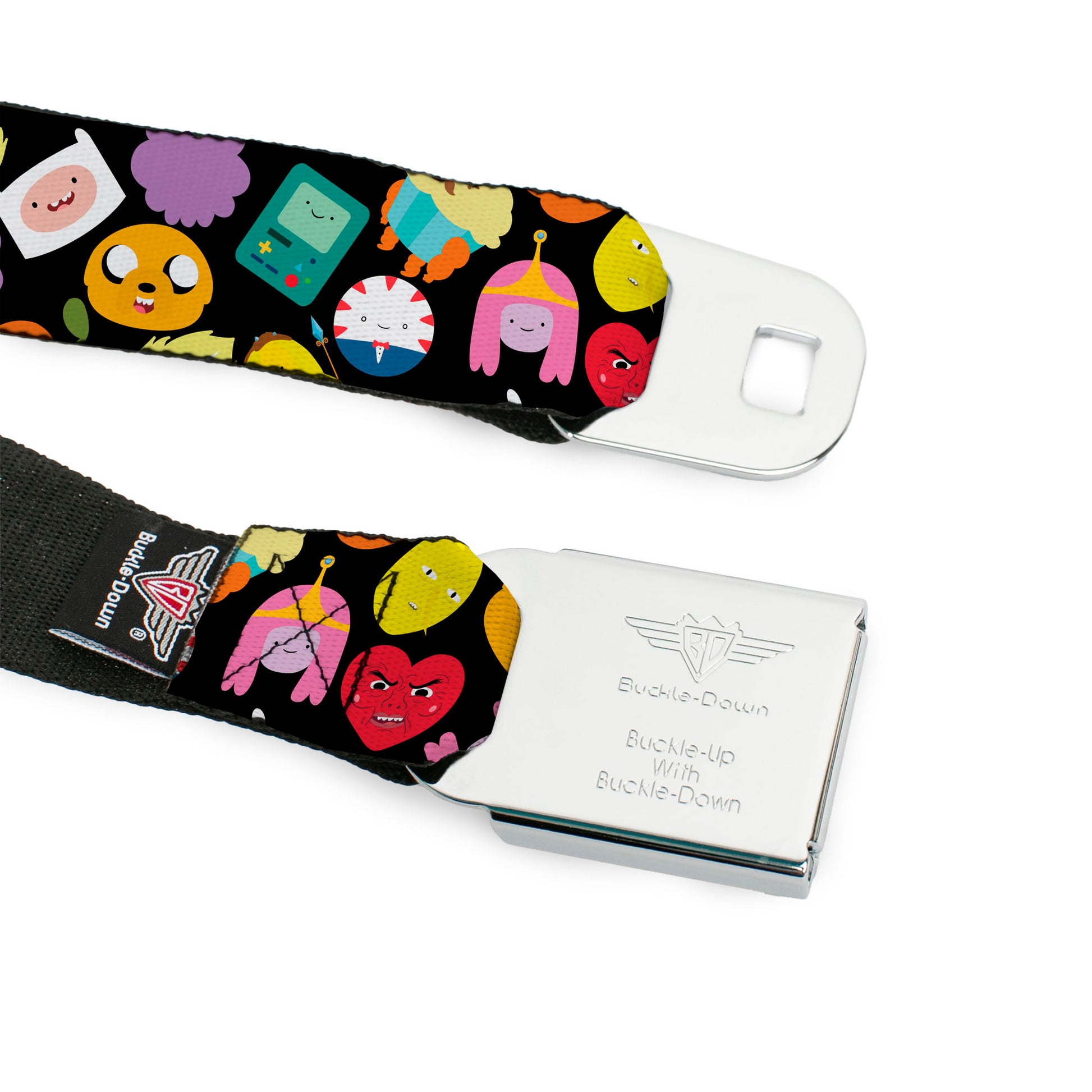Cartoon Network ADVENTURE TIME Title Logo Full Color Black Seatbelt Belt - Adventure Time Character Face Icons Scattered Black Webbing Seatbelt Belts Adventure Time